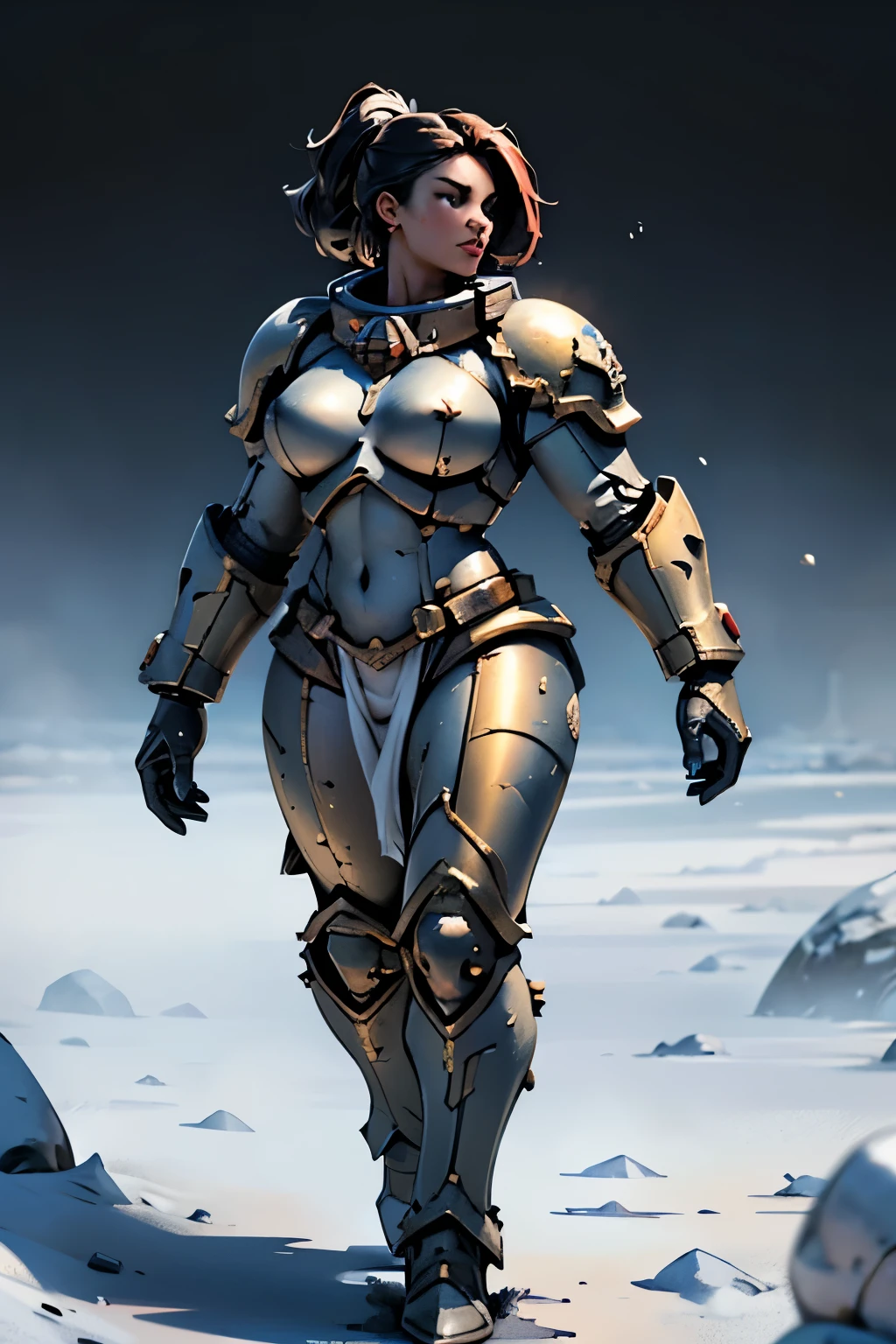 ((no clothes)), Space Marine woman from Warhammer 40k, (1 space marine girl, Warhammer 40k, space marine armor,), space marine woman walking on a battlefield with grandeur, detailed art, high quality, 8k, hdr, ultra realistic, best quality, cold colors, (black girl, black female, curvy body), ((no clothes))