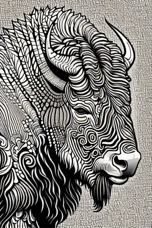 bison, for adult coloring book, medium intricate edged poligonal forms inside without shadows, only white spaces, a4 format, white background