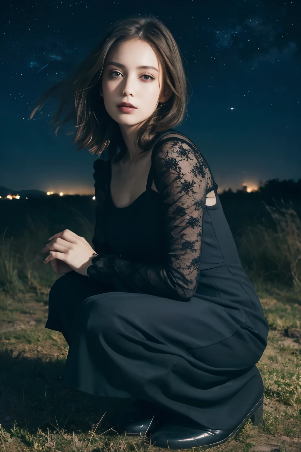 1 girl, (She is wearing a gothic black dress.:1.2), Very beautiful Japanese idol portraits, (RAW Photo Best Quality), (Realistic, Realistic:1.4), (masterpiece:1.4), 
Very delicate and beautiful, Very detailed, 2k wallpaper, wonderful, finely, Very detailed CG Unity 8K wallpaper, Very detailed, High resolution, Soft Light, 
Beautiful detailed girl, Very detailed目と顔, Beautiful and elegant nose Beautiful and beautiful eyes, Cinema Lighting, 
(She is standing in front of an abandoned medieval castle:1.3), (Night Sky, milky way), (Girl full body silhouette:1.2), (Dark screen:1.5), (Desolate landscape), (I am so lonely),
(Medium Hair), (Hair blowing in the wind), (Squat:1.5), (squat),
Perfect Anatomy, Slender body, Small breasts