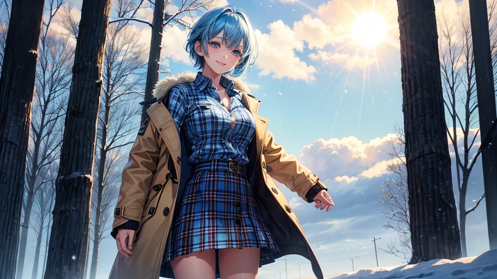 1girl, solo, trees, sun, clouds, autumn, colorful trees, falling leaves, ((blue hair)), short hair, large breasts, ((brown leather jacket)), button down shirt, ((blue checked shirt)), ((unbuttoned shirt)), unbuttoning buttons, ((full cleavage)), blue eyes, long skirt, brown boots, smile, happy, looking at the viewer, walking, upper view, hair ribbon, golden necklate