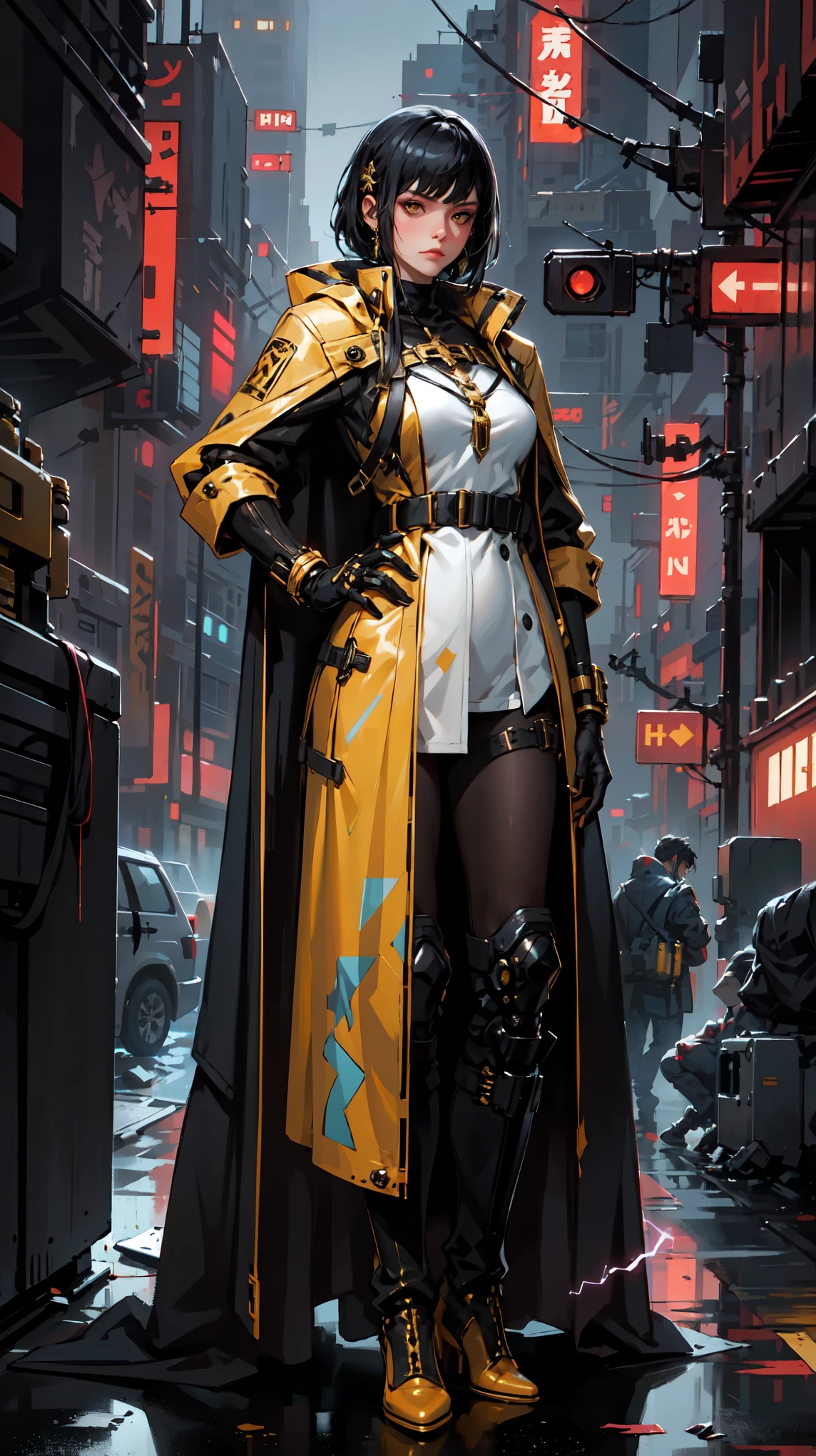 (masterpiece, top quality), (thin hair), very detailed, Anime style, One, half body portrait, cyberpunk mafia lady, white with yellow. golden eyes, the right hand is transformed into a cybernetic glove, black formal suits with gold trim, long coat long boots with many straps, supernatural lightning, standing on deserted land.