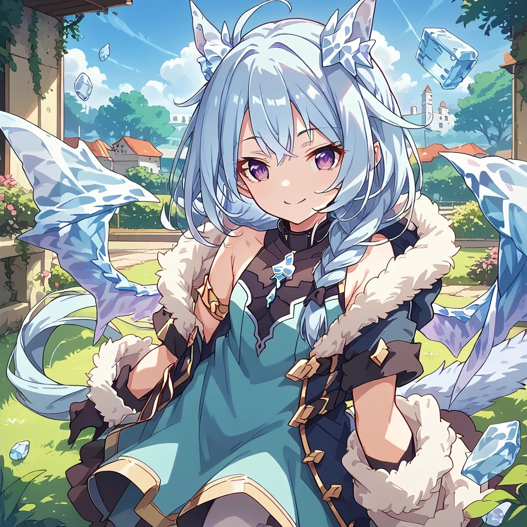 1 girl, Sheffy, princess connect!, Light blue long hair, braid, Purple Eyes, Ice dragon wings, Ice cube、fur-trimmed jacket, dress, fur-trimmed hood, fur-trimmed gloves, break masterpiece、Beautiful attention to detail:1.2, Perfect lighting, (perfect hand, perfect anatomy), Precise depiction、Vibrant colors, garden、smile