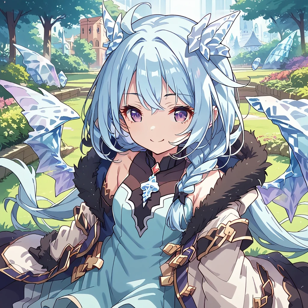 1 girl, Sheffy, princess connect!, Light blue long hair, braid, Purple Eyes, Ice dragon wings, Ice cube、fur-trimmed jacket, dress, fur-trimmed hood, fur-trimmed gloves, break masterpiece、Beautiful attention to detail:1.2, Perfect lighting, (perfect hand, perfect anatomy), Precise depiction、Vibrant colors, garden、smile