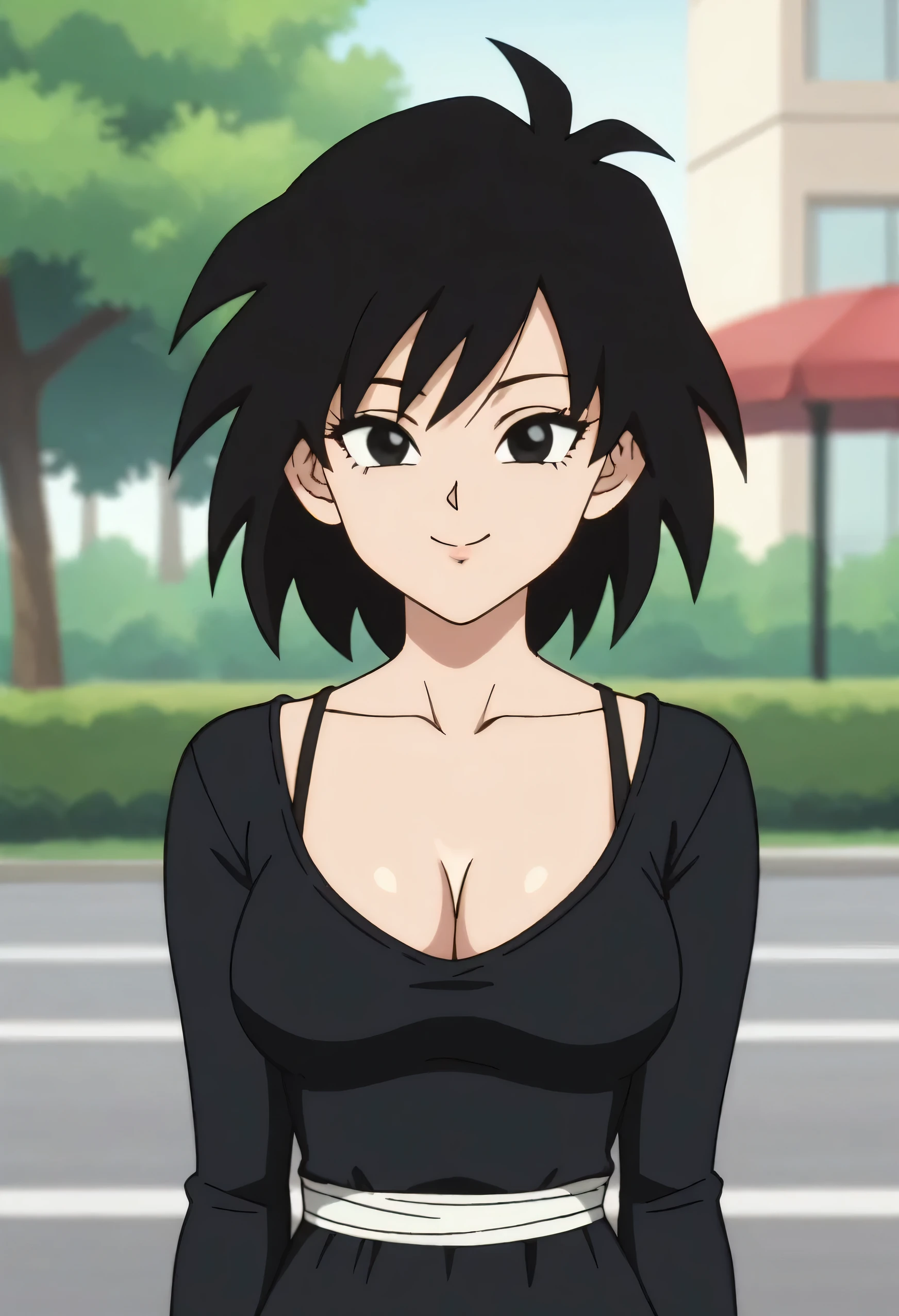 source_anime, score_9, score_8_up, score_7_up, anime screencap, absurd res, official style, gine, 1girl, solo, breasts, looking at viewer, black hair, long sleeves, arms by side, upper body, outdoors, blurry, black eyes, happy, blurry background, spiked hair, a black Spaghetti strap dress street, park smile, red fingernails, eyelashes, collarbone, closed mouth