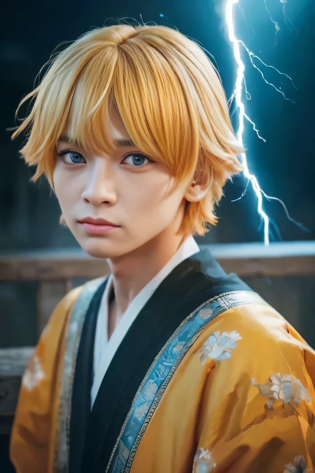 a realistic detailed portrait of zenitsu agatsuma, stunning detailed eyes, beautiful long eyelashes, extremely detailed facial features, messy blonde short hair, shocked expression, colorful lightning effects, dynamic action pose, highly detailed, cinematic lighting, hyper realistic, 8k, masterpiece, orange yellow haori