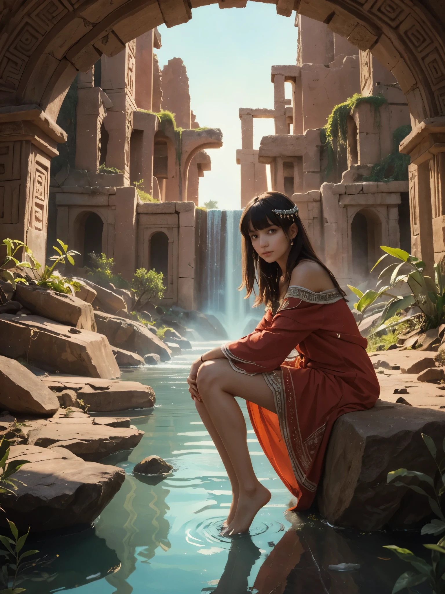 girl, sitting on rock, water stream, water reflection, off-shoulder jacket, dress, lace-trimmed, long hair, bangs, looking at viewer, towering space station. red desert, alien desert, strange nature, ancient mayan ruins, moss-covered stone wall, intricate carvings, mysterious, reverence, soft natural lighting, high resolution, otherworldly wonders, meltingly beautiful, goddess of eros, irisdescent light, rainbow light prism effect, light caustics effect, fantastic art, dreamy painting, ((highest quality, masterpiece:1.3)), close-up shot,