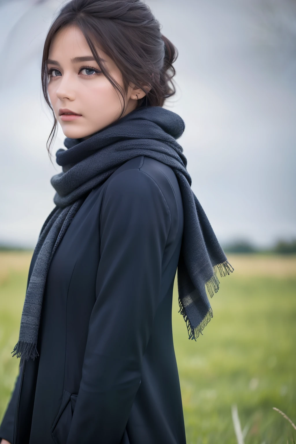 8K, best quality, masterpiece, realistic, ultra detail, photo realistic, Increase quality, a photo of a girl standing in a field with a scarf, in the style of dark and brooding designer, voluminous mass, photobash, serene faces, jagged edges, navy, natural beauty, 

