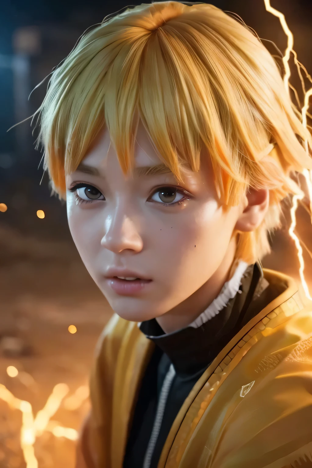 a realistic detailed portrait of zenitsu agatsuma, stunning detailed eyes, beautiful long eyelashes, extremely detailed facial features, messy blonde short hair, shocked expression, colorful lightning effects, dynamic action pose, highly detailed, cinematic lighting, hyper realistic, 8k, masterpiece, orange yellow haori