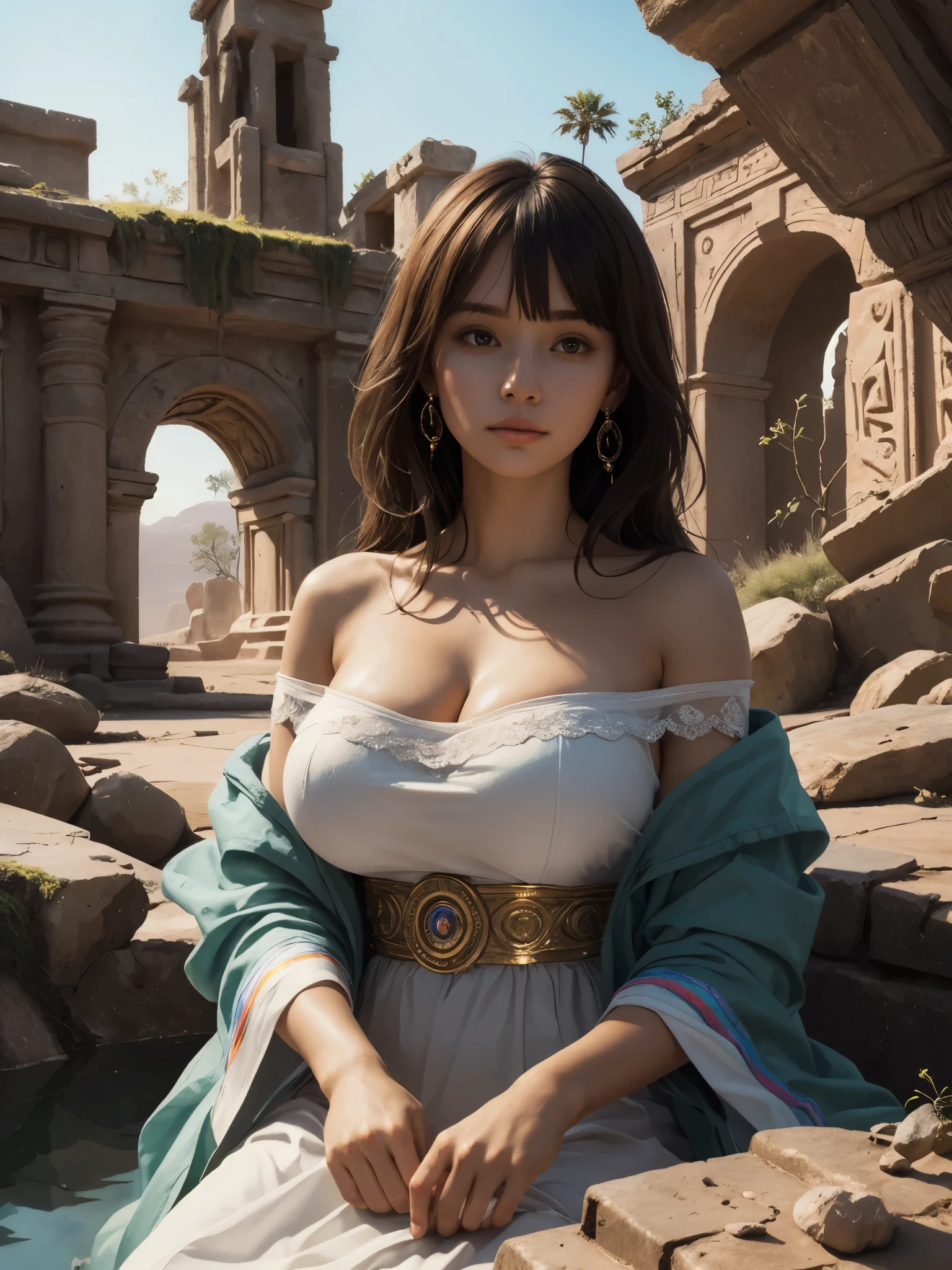 girl, sitting on rock, water stream, water reflection, off-shoulder jacket, dress, lace-trimmed, (huge breasts:1.6), long hair, bangs, looking at viewer, towering space station. red desert, alien desert, strange nature, ancient mayan ruins, moss-covered stone wall, intricate carvings, mysterious, reverence, soft natural lighting, high resolution, otherworldly wonders, meltingly beautiful, goddess of eros, irisdescent light, rainbow light prism effect, light caustics effect, fantastic art, dreamy painting, ((highest quality, masterpiece:1.3)), close-up shot,