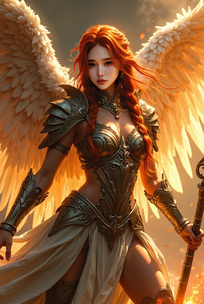 a powerful angel in celestial armor, holding a flaming spear, seven wings, ready for battle, angel girl, long red hair in a braid, intricate details, cinematic lighting, dramatic atmosphere, masterpiece, 8k, high resolution, photorealistic, vibrant colors, chiaroscuro, dynamic pose, epic fantasy scene
