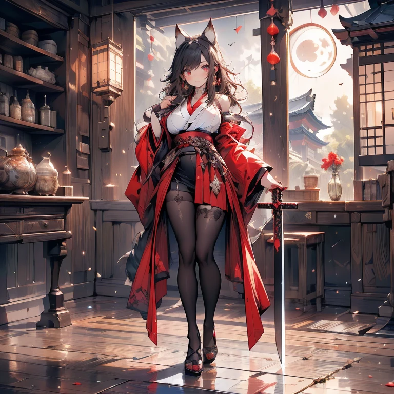 Masterpiece, full picture, ultra high quality, ultra detailed, 1girl, solo, adult woman, japanese deity, shiny long black and red hair, red eyes, fox ears, gorgeous hair-ornament, thick thighs, wide hips, black tights with skindentation and garter belt, stockings, black and red revealing traditional dress, standing up, beautiful lady pose, holding traditional japanese brush in one hand, entrance to room of ruined traditional japanese building, smirk, looking at viewer