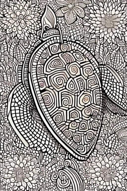 turtle, for adult coloring book, medium intricate edged poligonal forms inside without shadows, only white spaces, a4 format, white background