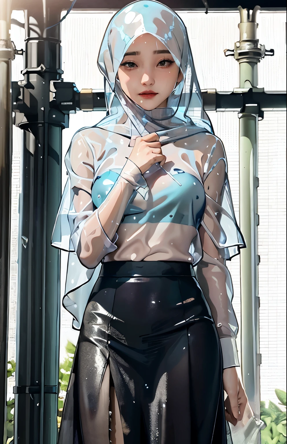 masterpiece, hyper-realistic, wet hijab, wet long shirt, wet long skirt, (transparent:1.4), rain, girl