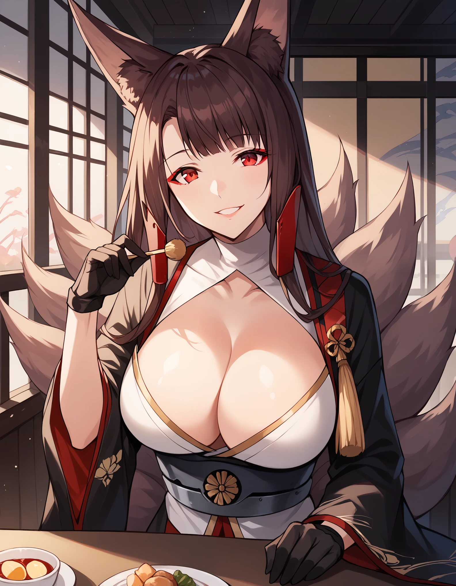 score_9, score_8_up, score_7_up, rating_safe, CONCEPT_PovDating_ownwaifu, solo,1girl, long hair, long sidelocks, red eyes, red eyeshadow, fox ears, multiple fox tails, sidelock red metal clip, white turtleneck cutout, cleavage cutout, white clothes, gold trim, open black kimono, red string around shoulder, gold tassel, wide sleeves, asymmetrical gloves, metal sash, large breasts, looking at viewer, indoors, pov across table, sitting, upper body, chair, pov dating, smile, night, restaurant, drinks, foods, dish