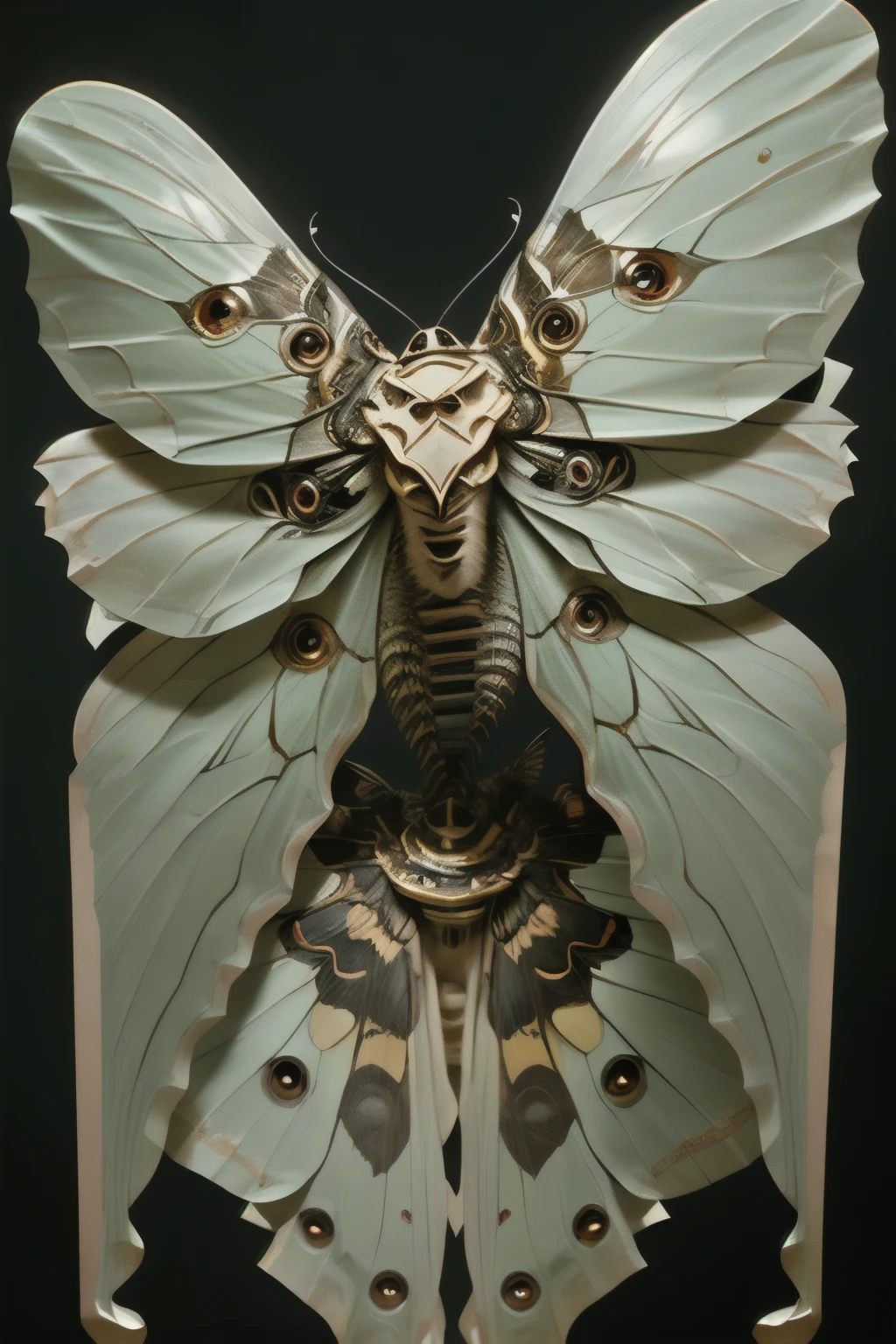 a giant robotic moth made of black metal, intricate yet imposing, built for war, steampunk mechanical moth