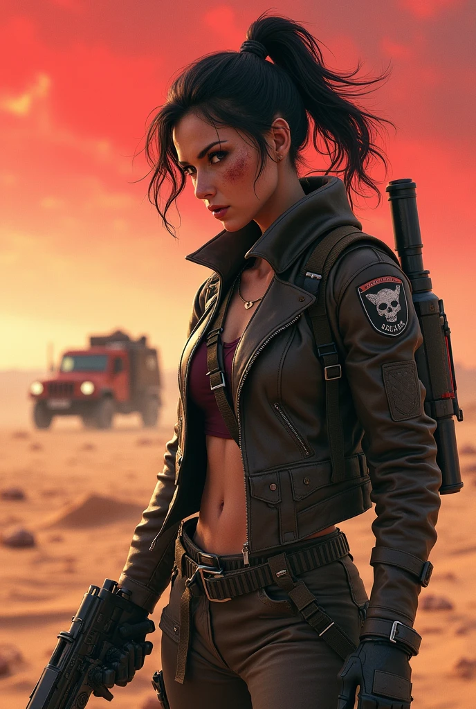 A fierce post-apocalyptic woman stands in a vast, barren desert with a truck in the background. She has a determined, rebellious look, her dark hair windswept and tangled from the harsh desert breeze. Wearing rugged, tactical armor over a worn leather jacket, she holds a weapon—perhaps a rifle or futuristic blade—ready for battle. Her face is smeared with dust and dirt, her eyes sharp and focused. Behind her, a convoy of armored vehicles kicks up clouds of sand, as if chasing her. The atmosphere is tense, under a reddish sky that hints at the world’s nuclear devastation. The image should be in 3D realistic anime style with a 2:3 ratio
