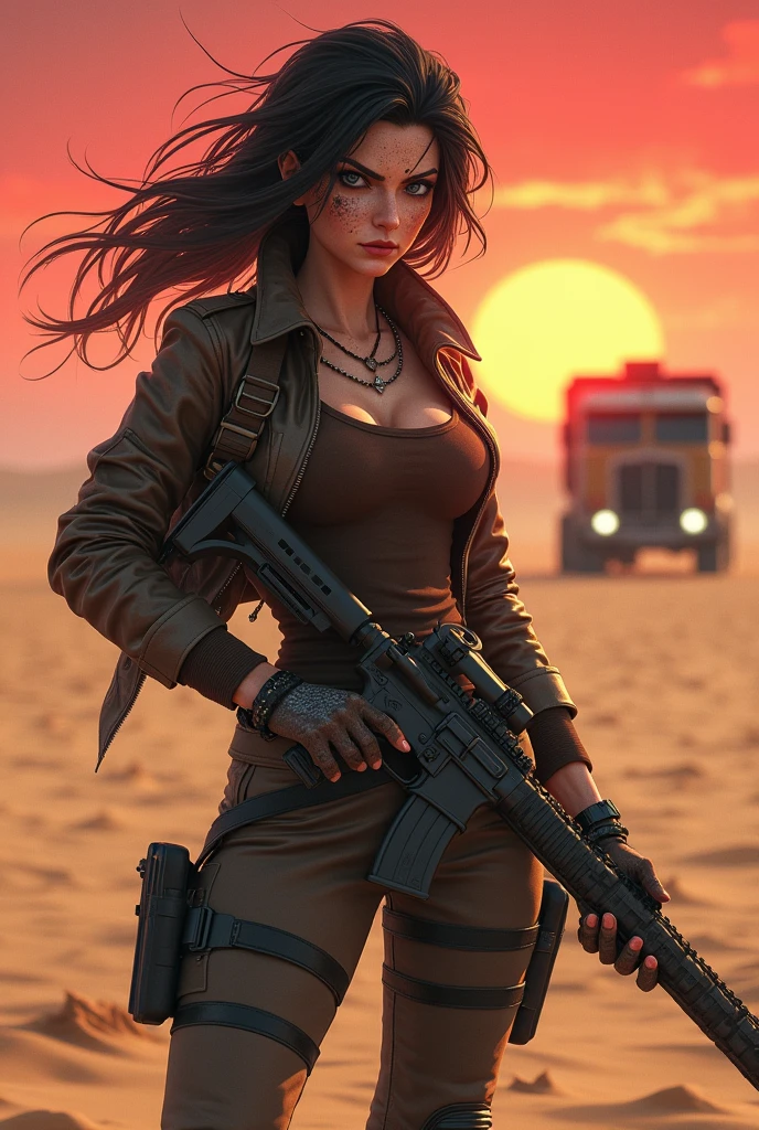 A fierce post-apocalyptic woman stands in a vast, barren desert with a truck in the background. She has a determined, rebellious look, her dark hair windswept and tangled from the harsh desert breeze. Wearing rugged, tactical armor over a worn leather jacket, she holds a weapon—perhaps a rifle or futuristic blade—ready for battle. Her face is smeared with dust and dirt, her eyes sharp and focused. Behind her, a convoy of armored vehicles kicks up clouds of sand, as if chasing her. The atmosphere is tense, under a reddish sky that hints at the world’s nuclear devastation. The image should be in 3D realistic anime style with a 2:3 ratio