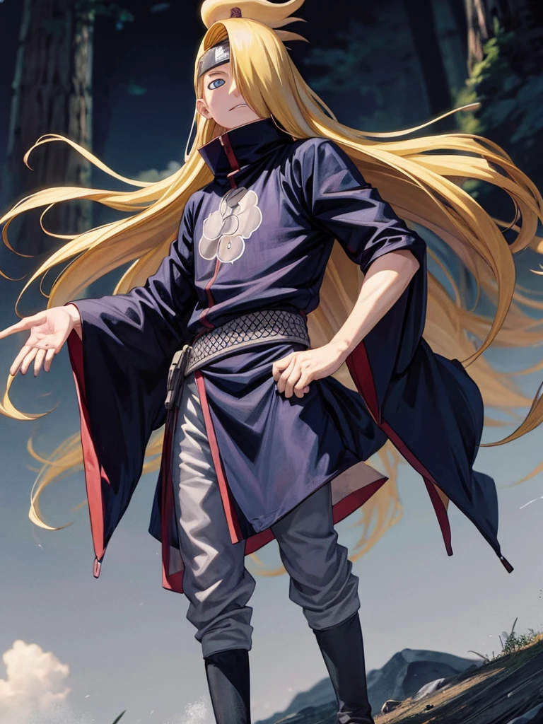 Deidara. young man.  1. long blonde hair.  Blue eyes. Long bangs on the left side. High media collection . sexy, angelic face. Standing on a mountain 