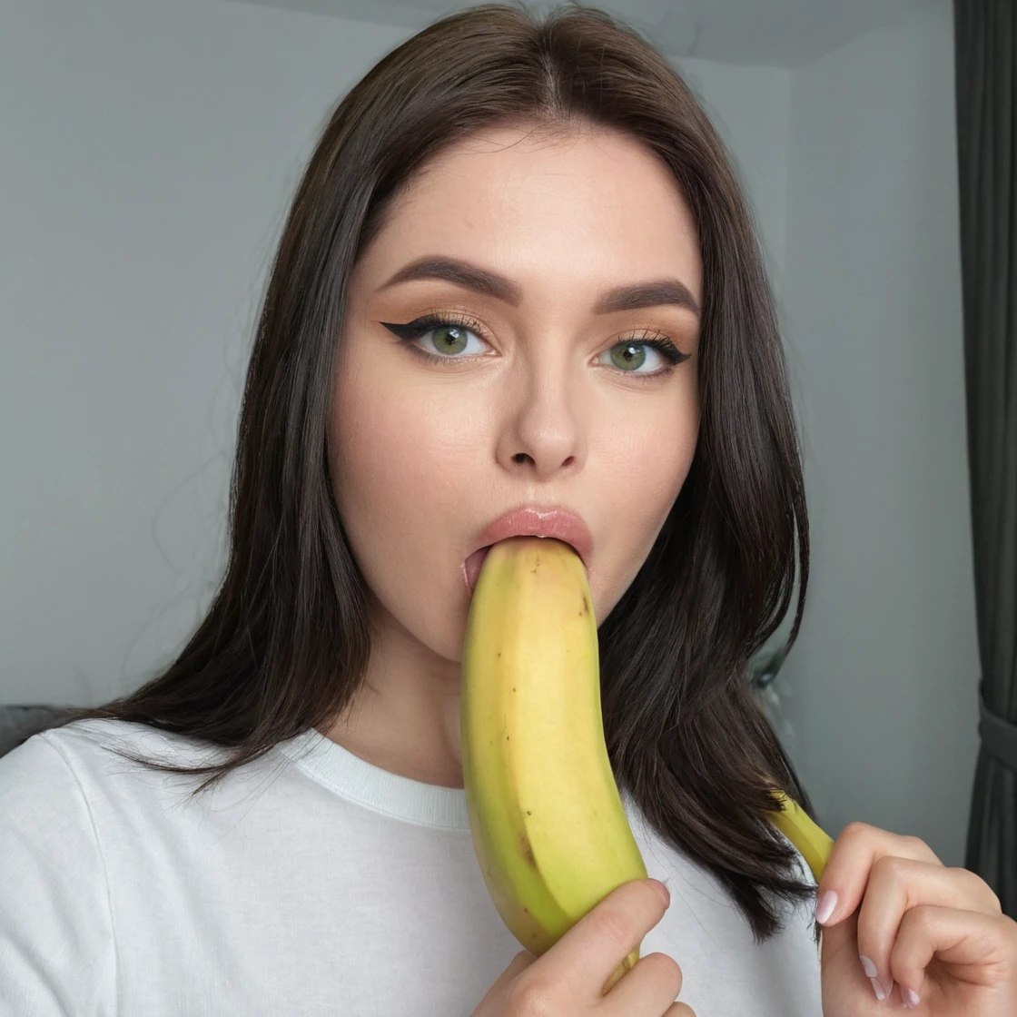 BustyEmaxl, long hair, dark light brown; fair skin; green eyes; thin nose; full lips; thick, arched eyebrows; pointed chin. She is 1.75 m tall and weighs 58 kg. She has a generous 36DD chest. She is eating a banana without the skin, holding it with both hands near her mouth. Her mischievous look fixes the camera.