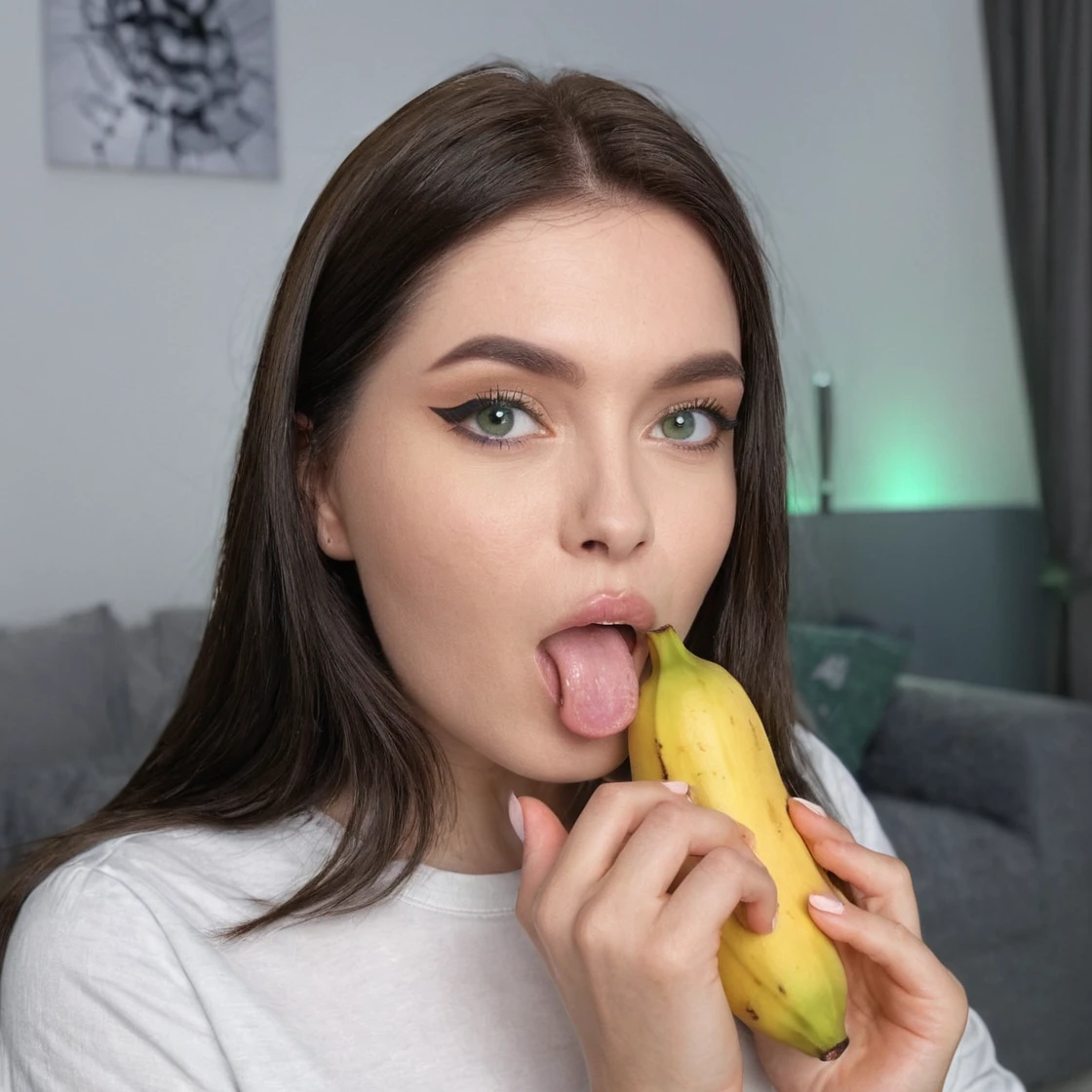 BustyEmaxl, long hair, dark light brown; fair skin; green eyes; thin nose; full lips; thick, arched eyebrows; pointed chin. She is 1.75 m tall and weighs 58 kg. She has a generous 36DD chest. She is eating a banana without the skin, holding it with both hands near her mouth. Her mischievous look fixes the camera.