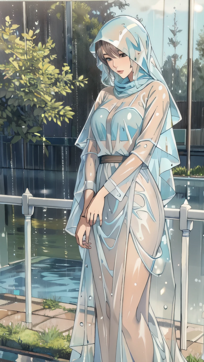 masterpiece, hyper-realistic, wet hijab, wet long shirt, wet long skirt, (transparent:1.4), rain, girl, seen-through