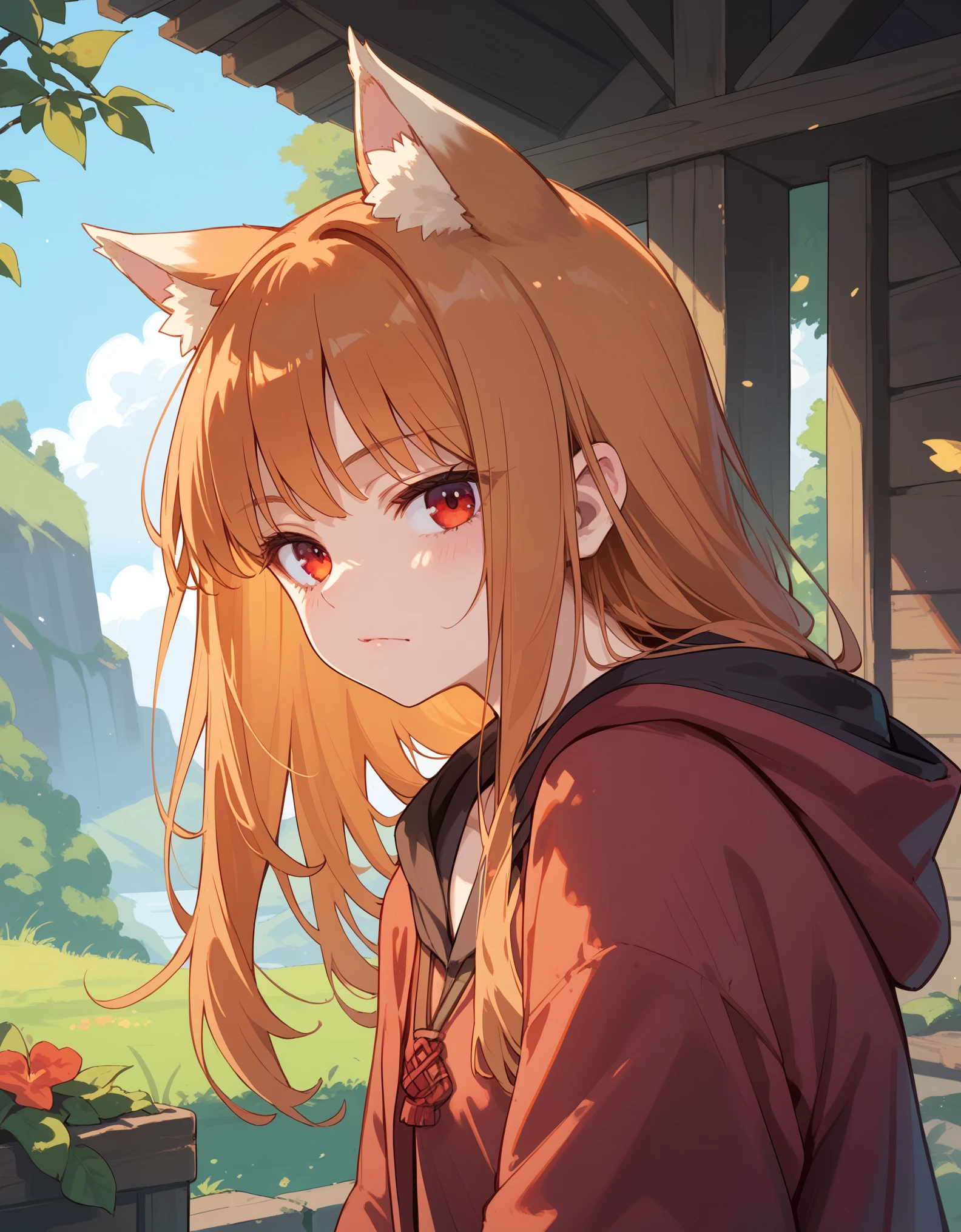 score_9, score_8_up, score_7_up, score_6_up, holo, 1girl, wolf ears, long hair, solo, red eyes, ginger hair, wolf tail,