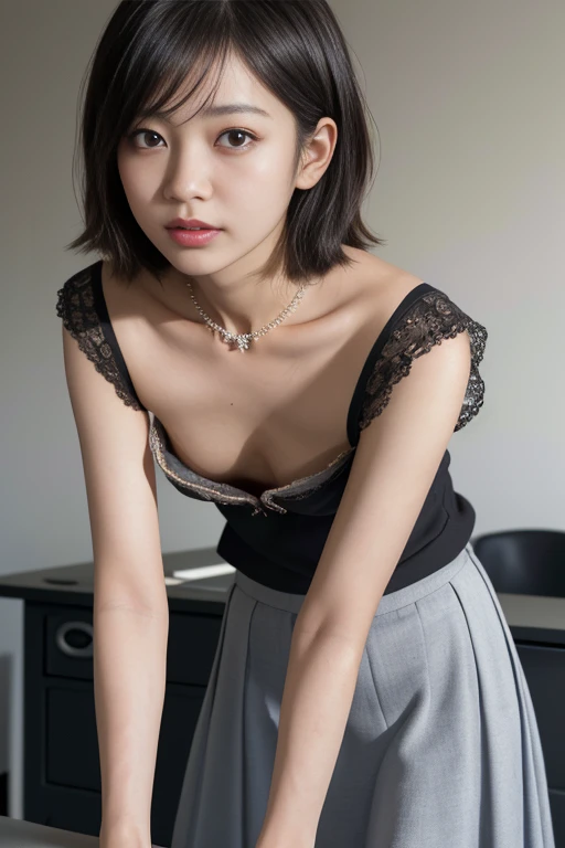 Japanese  girl, Downblouse , munechira,(((Small breasts))),(slender) , (((Flat Chest))), annoyed, ((((Leaning forward, signing at a desk)))),close up, necklace , ((highly detailed realistic bra with embellishments)) ,((Overlap short sleeved T shirts)), short hair,masterpiece, best quality, (realistic, photo-realistic:1.4), (RAW photo:1.2), extremely detailed CG unity 8k wallpaper, delicate and beautiful, amazing, finely detail, official art, absurdres, incredibly absurdres, huge filesize, ultra-detailed, extremely detailed, extremely detailed girl, Young Face、Young Body、((((long skirt)))) ,(masterpiece:1.2, highest quality), (Very detailed:1.3), One Girl,short hair, 