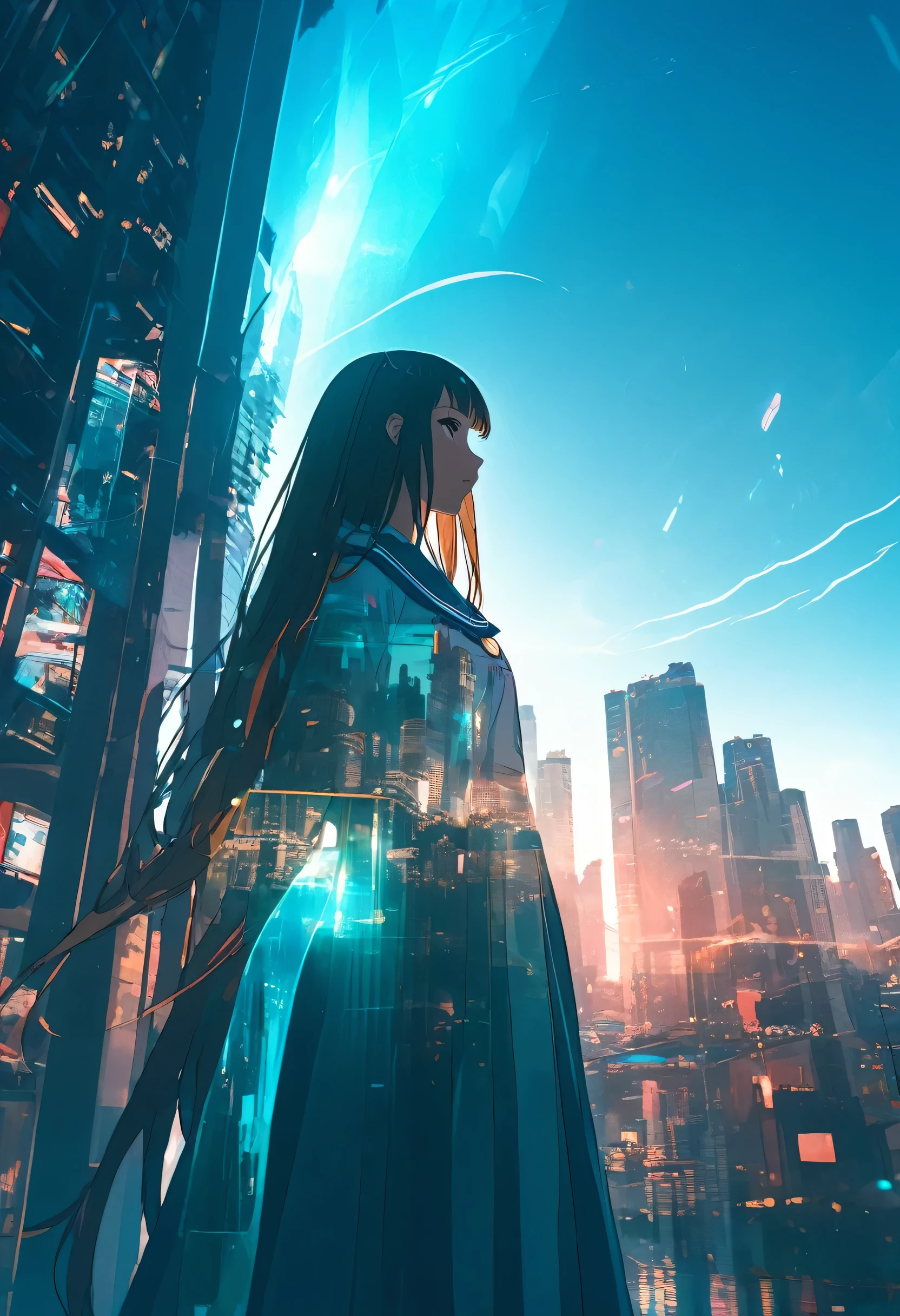 {worst quality, low-quality}, anime style, 1 girl in a sailor suit, long hair, monotony, moon, double exposure, cyberpunk city, depth of field, (holographic glow effect), from below, low angle shot, masutepiece, Best Quality, ultra-detailliert, ​masterpiece,