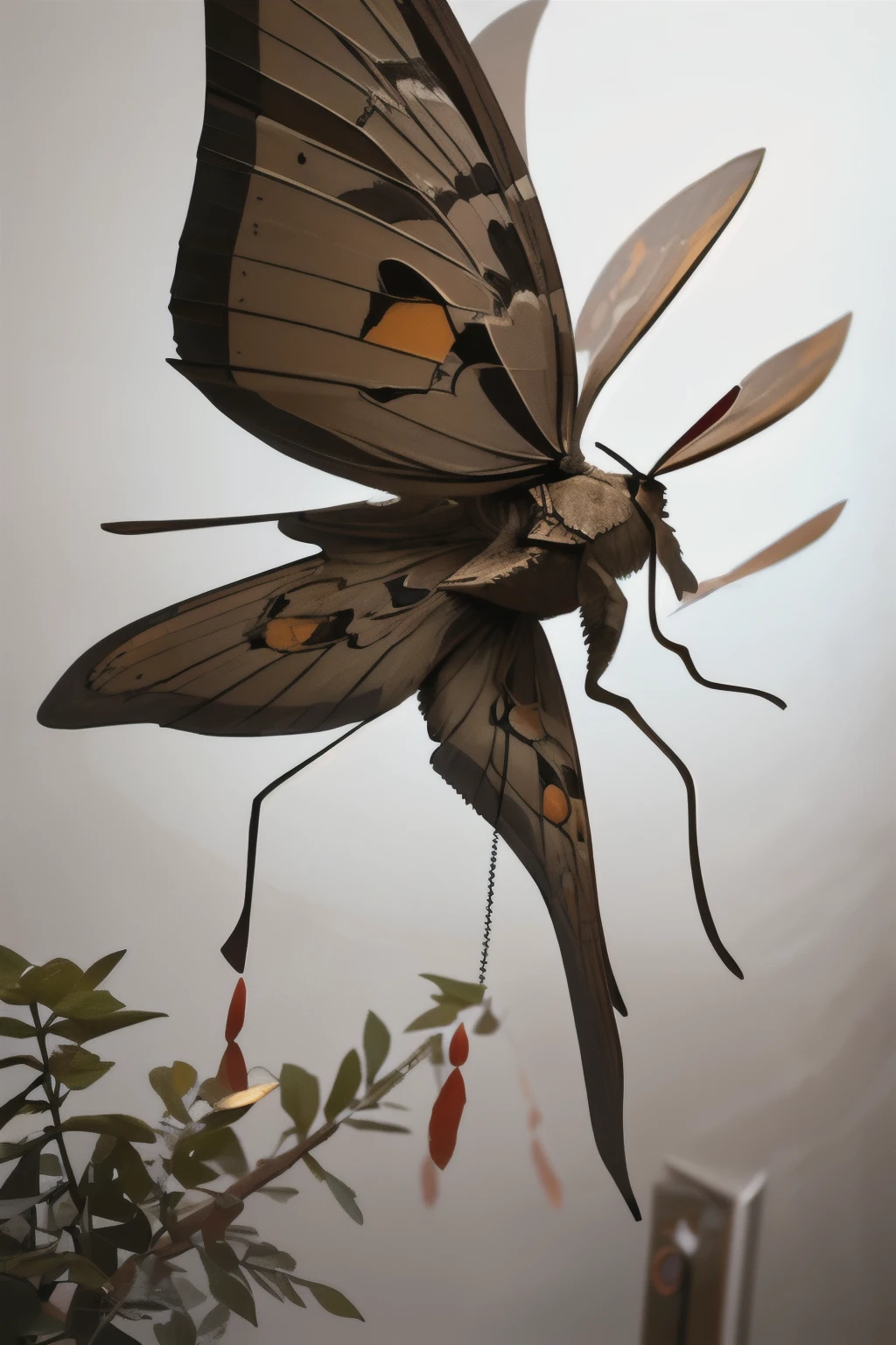 a giant robotic moth made of black metal, intricate yet imposing, built for war, steampunk mechanical moth