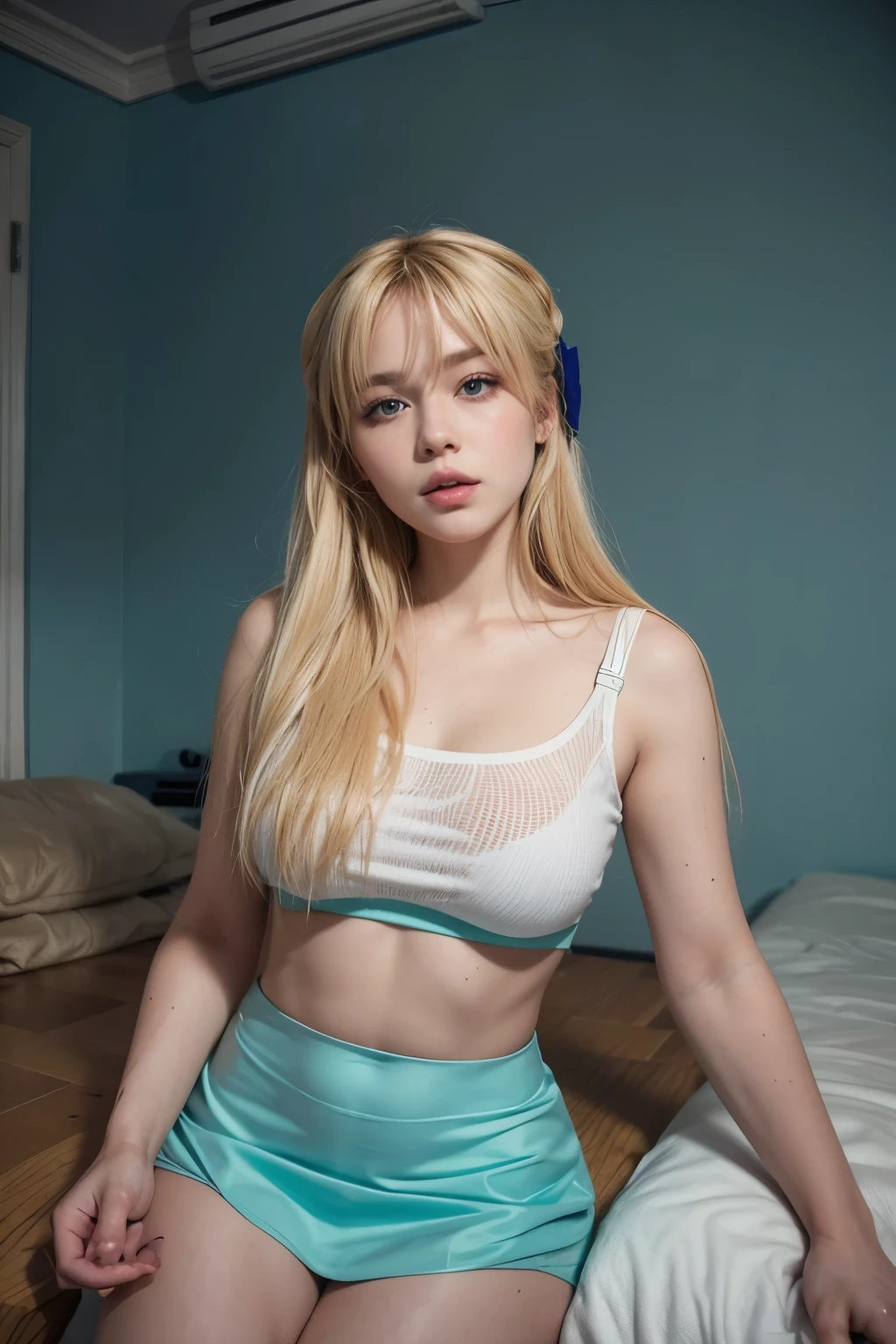 Marie Rose, light blue eyes, (best quality, ultra-detailed), (realistic:1.37), beautiful and detailed face, ultra-realistic texture, delicate face, delicate body, red lipstick, bright colors. High definition, 8k. athletic body