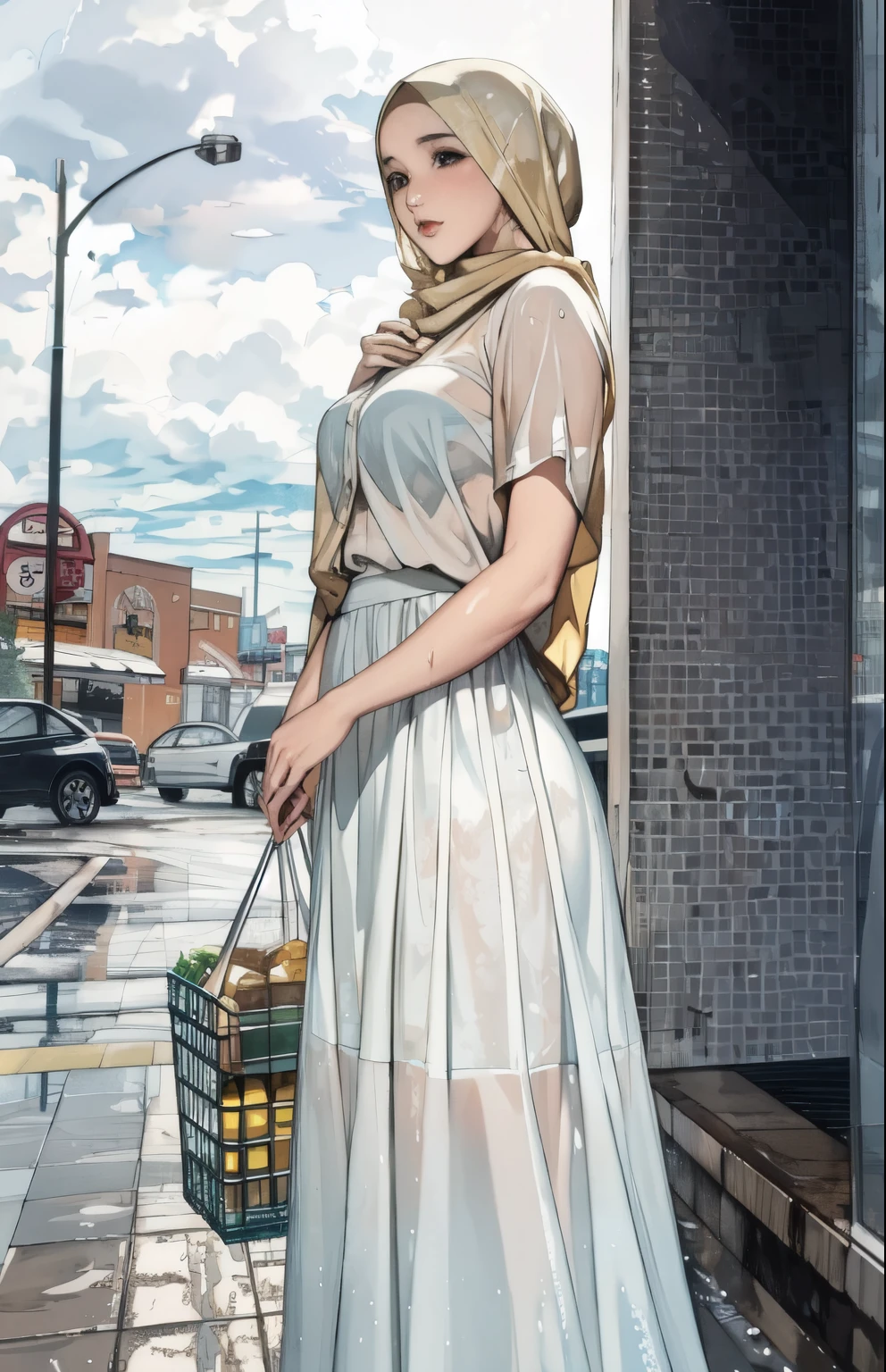 masterpiece, hyper-realistic, wet hijab, wet long shirt, wet long skirt, cloudy, grocery store front