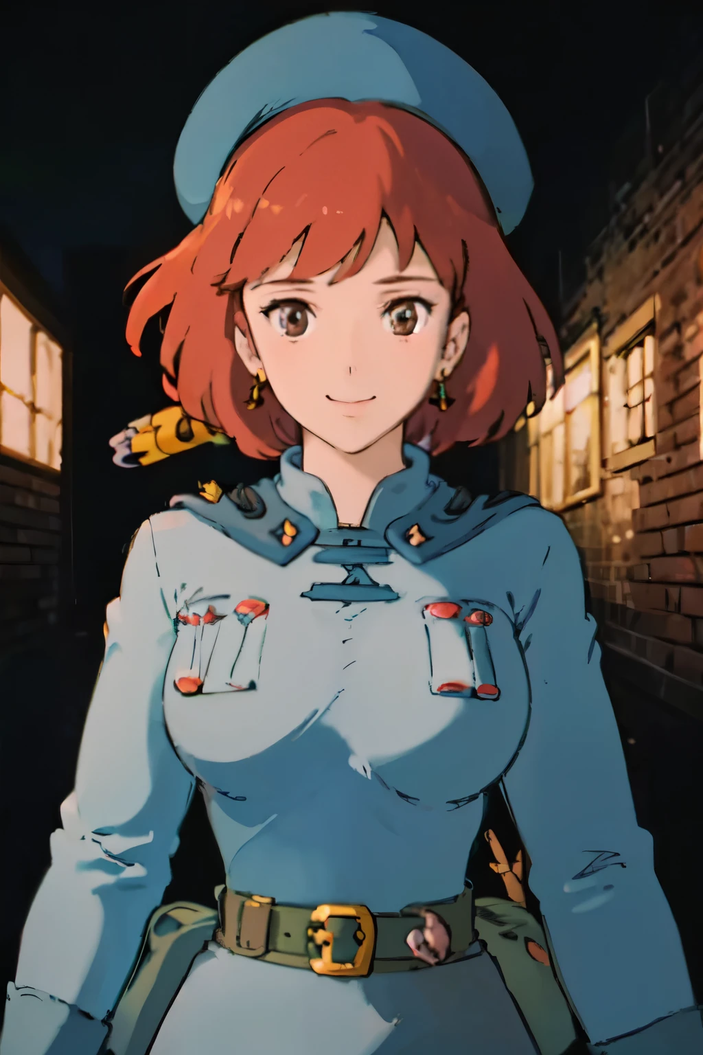 masterpiece, high quality, 1girl,, (masterpiece:1.4), (best qualit:1.4), (high resolution:1.4), 1girl, redhead, big breasts, muscular body, brown eyes, smile, Nausicaa, colorful, upper body, ghibli style, sfw,  facing the viewer, looking at the viewer, blue uniform, blue skirt, belt, (blue beret), (simple black background), dark