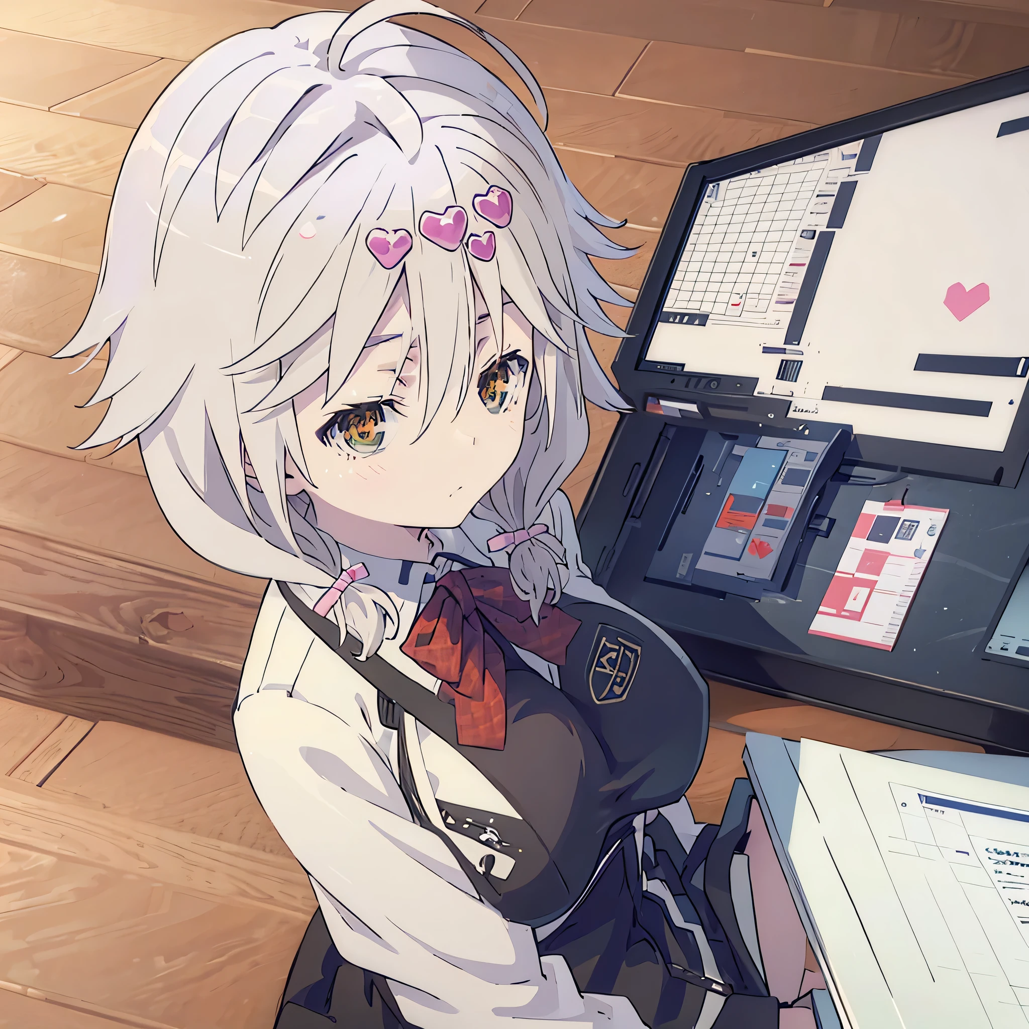 (SFW), masterpiece, best quality, highres 64k, professional artwork, famous artwork, clean, cinematic lighting, beautiful eyes + detail, beautiful hair + detail, multicolored hair, (sexy young female body:1.4), ( large breasts, lactation), happy:1.2m smile, very erotic looking at the viewer, floating hair, (shinjou_akane, red eyes, white hair, short hair, makeup, sexy lips, glasses, ), indoors, bedroom, sitting on computer chair, (welcome home) from side,