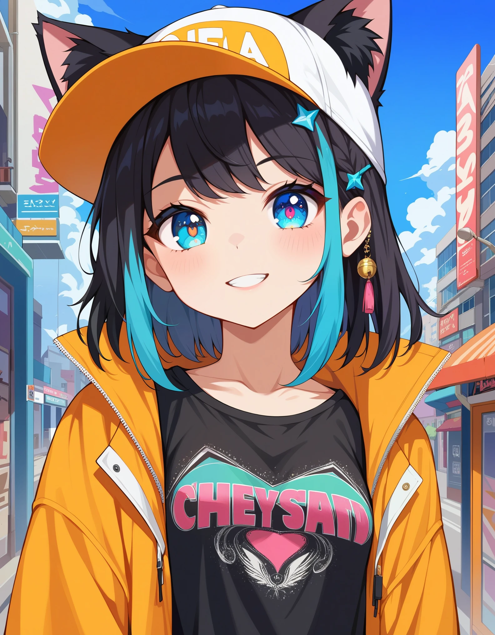 score_9,score_8_up,score_7_up, source_anime,masterpiece,best quality,ultra detailed eyes,high-detailed,(close-up), 1girl,cute_face,thin,petite,Girlish body type,poor_stature,small_breasts, youthful designs,fashionable,streetwear style,urban clothing,casual accessories,edgy designs,intricate clothes,fashion cat ear cap,oversized clothes,graphic prints, street graffiti,