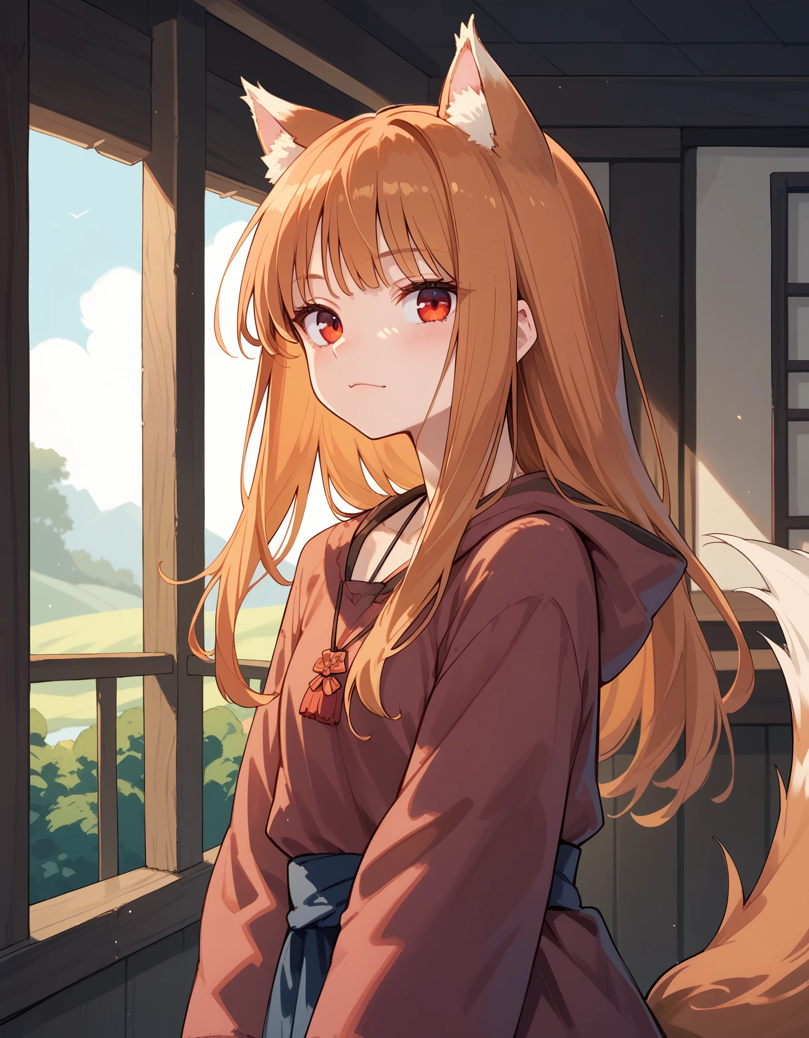 score_9, score_8_up, score_7_up, score_6_up, holo, 1girl, wolf ears, long hair, solo, red eyes, ginger hair, wolf tail,