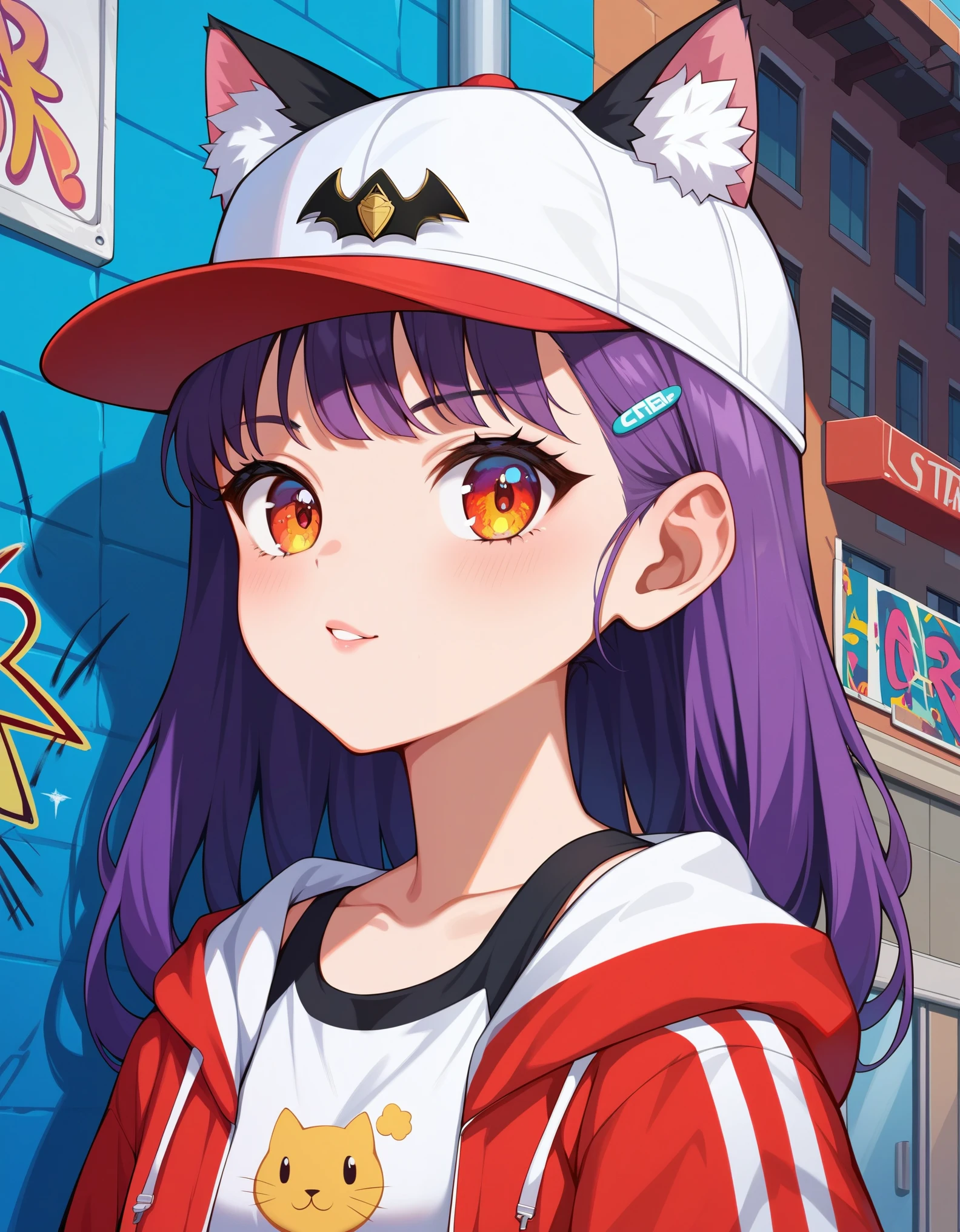 score_9,score_8_up,score_7_up, source_anime,masterpiece,best quality,ultra detailed eyes,high-detailed,(close-up), 1girl,cute_face,thin,petite,Girlish body type,poor_stature,small_breasts, youthful designs,fashionable,streetwear style,urban clothing,casual accessories,edgy designs,intricate clothes,fashion cat ear cap,oversized clothes,graphic prints, street graffiti,