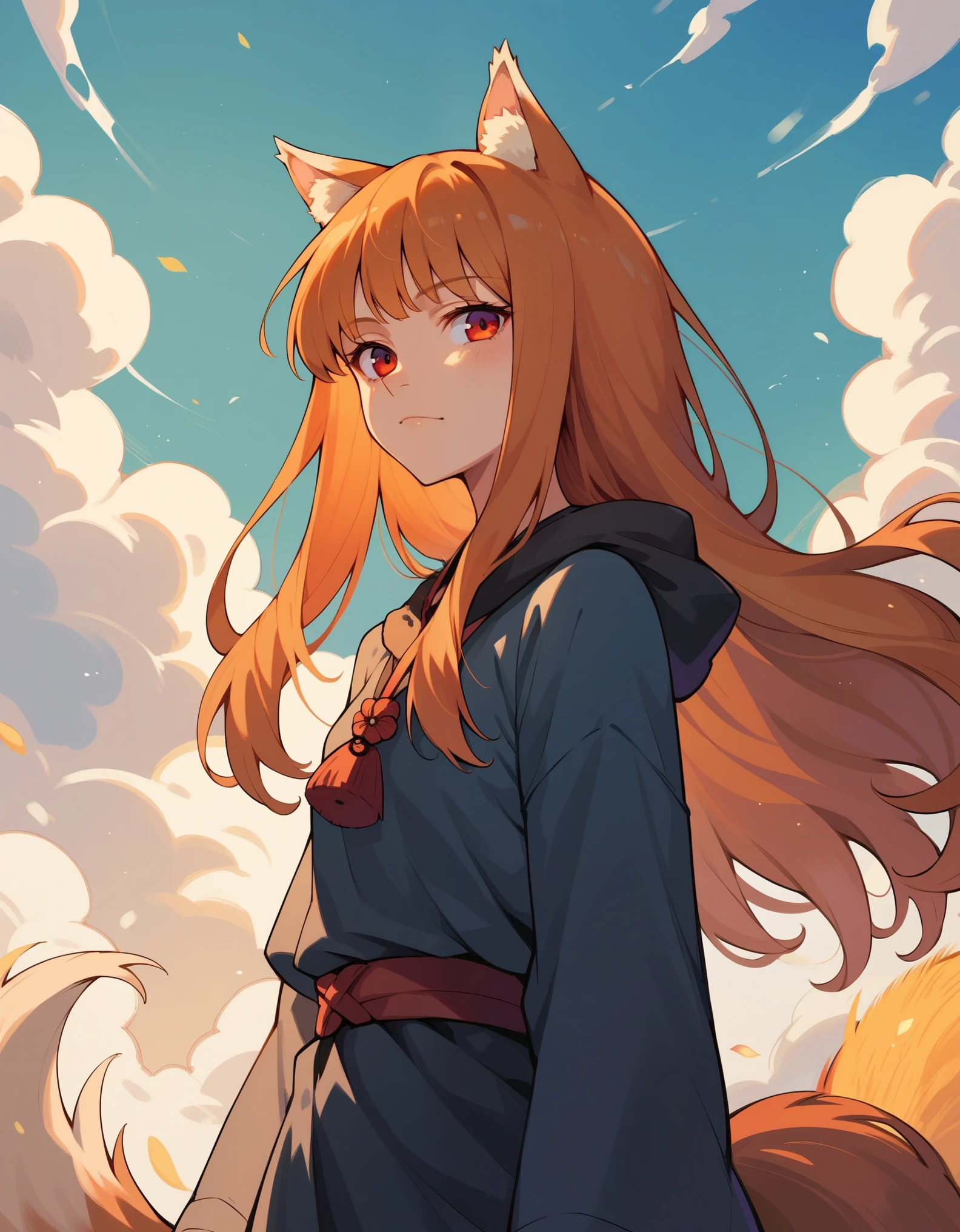 score_9, score_8_up, score_7_up, score_6_up, holo, 1girl, wolf ears, long hair, solo, red eyes, ginger hair, wolf tail,