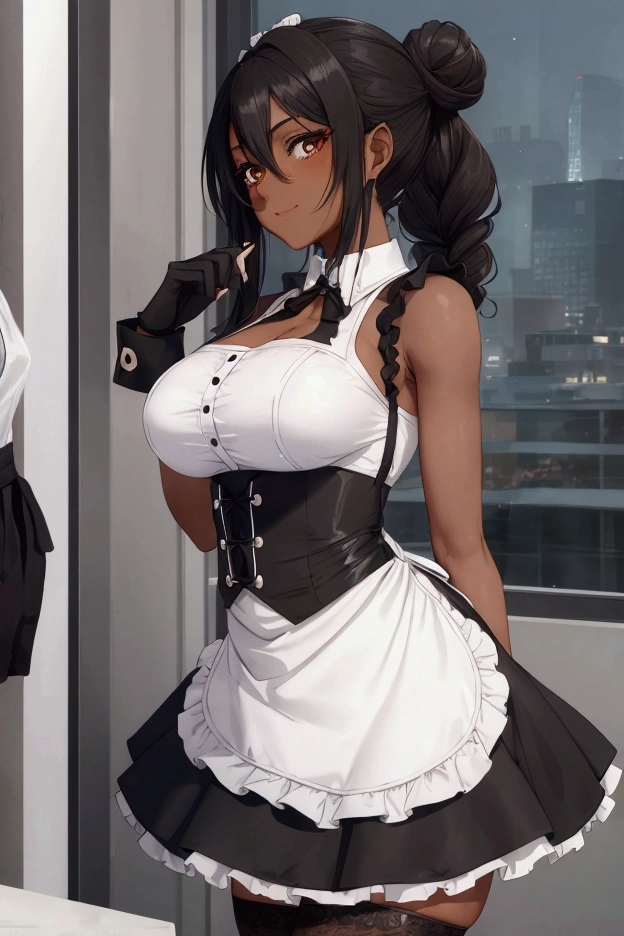 Best quality, solo mature woman, giant breasts, giant ass, very curvy, dark skin, curly twin tails, sunglo eyes, full lips, seductive, smile, ruff collar, stripped clown corset, frilly skirt, pom pom ball, fishnets, long satin gloves, clown makeup, thick thighs, curvy physique
