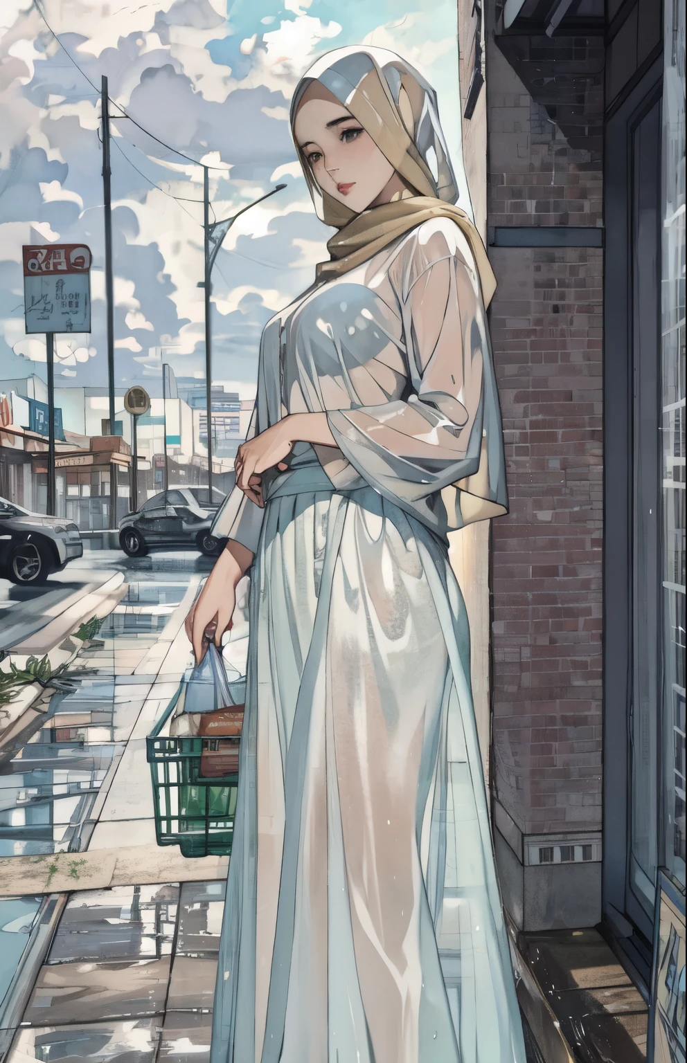 masterpiece, hyper-realistic, wet hijab, wet long shirt, wet long skirt, cloudy, grocery store front, transparent