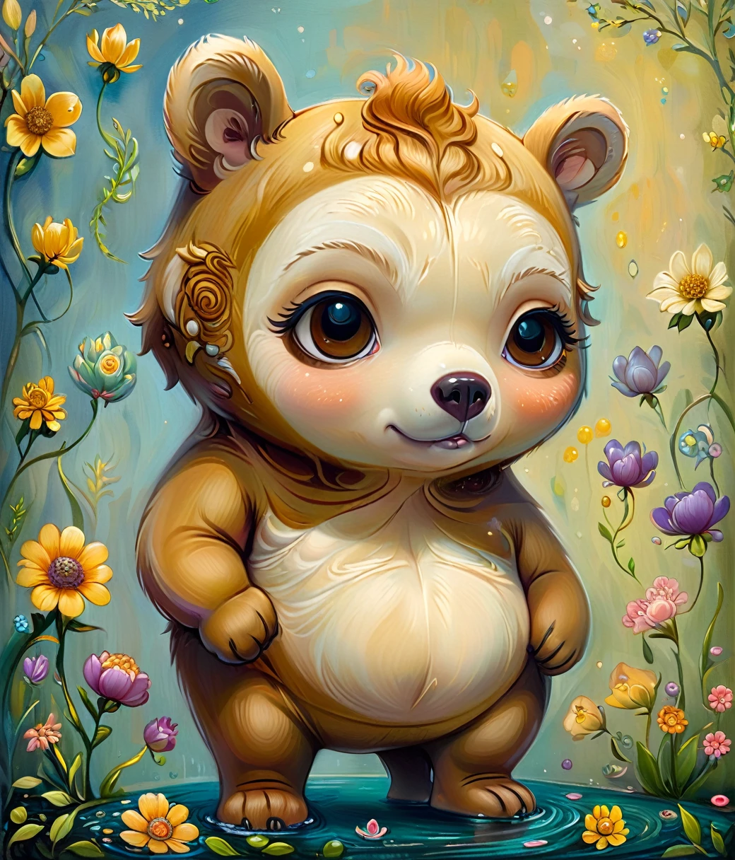 style of Jeremiah Ketner, (cute, fat, obese, anthro, male, bear), nude, solo, full body, dynamic pose, hires textures, highly detailed, intricate details, best quality, masterpiece