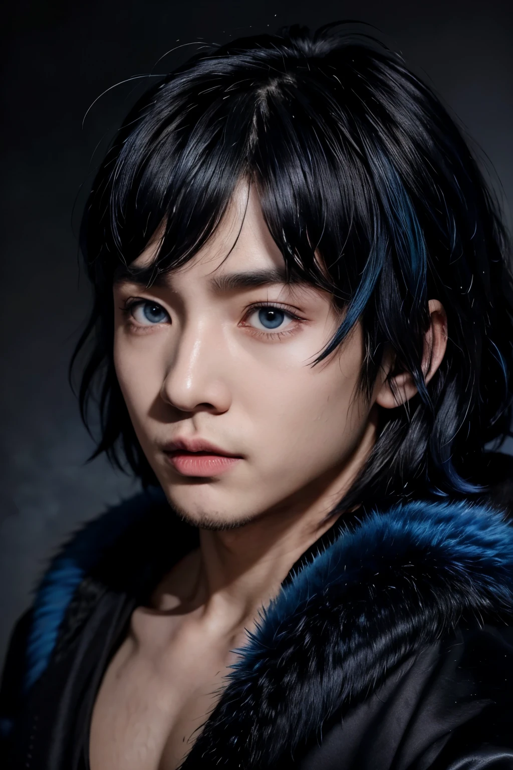 A realistic portrait of Inosuke Hashibira, boy, with messy bob-cut hair with bangs, black and blue ombre hair, messy hair, wearing a fur coat, surrounded by blue thunder power effects