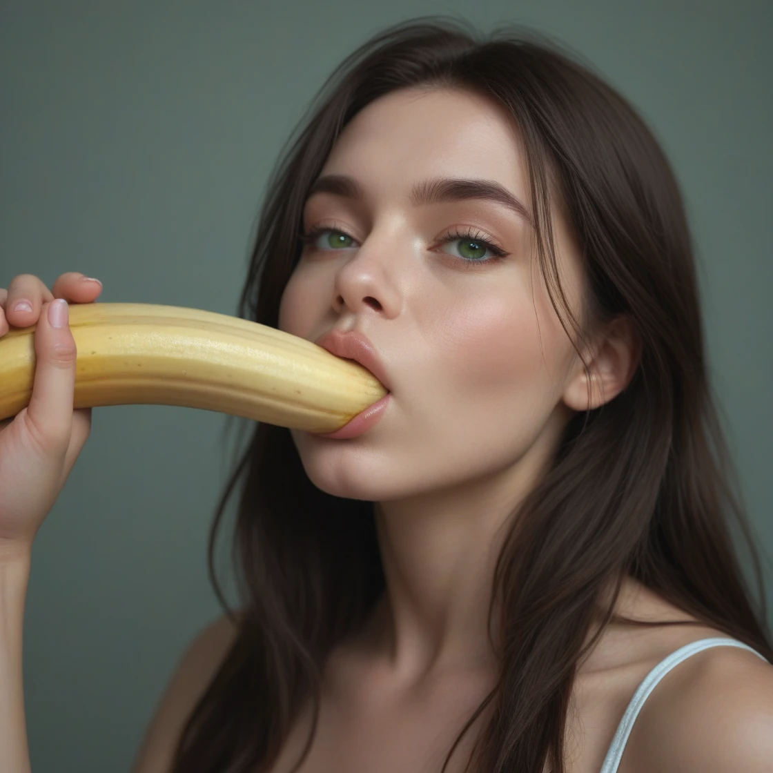 BustyEmaxl, long hair, dark light brown; light skin; green eyes; thin nose; full lips; thick, arched eyebrows; pointed chin. She is 1.75 m tall and weighs 58 kg. She has a generous 36DD chest. She is eating a banana, the skin of the banana is removed, she holds it with both hands near her mouth. Her mischievous look fixes the camera.