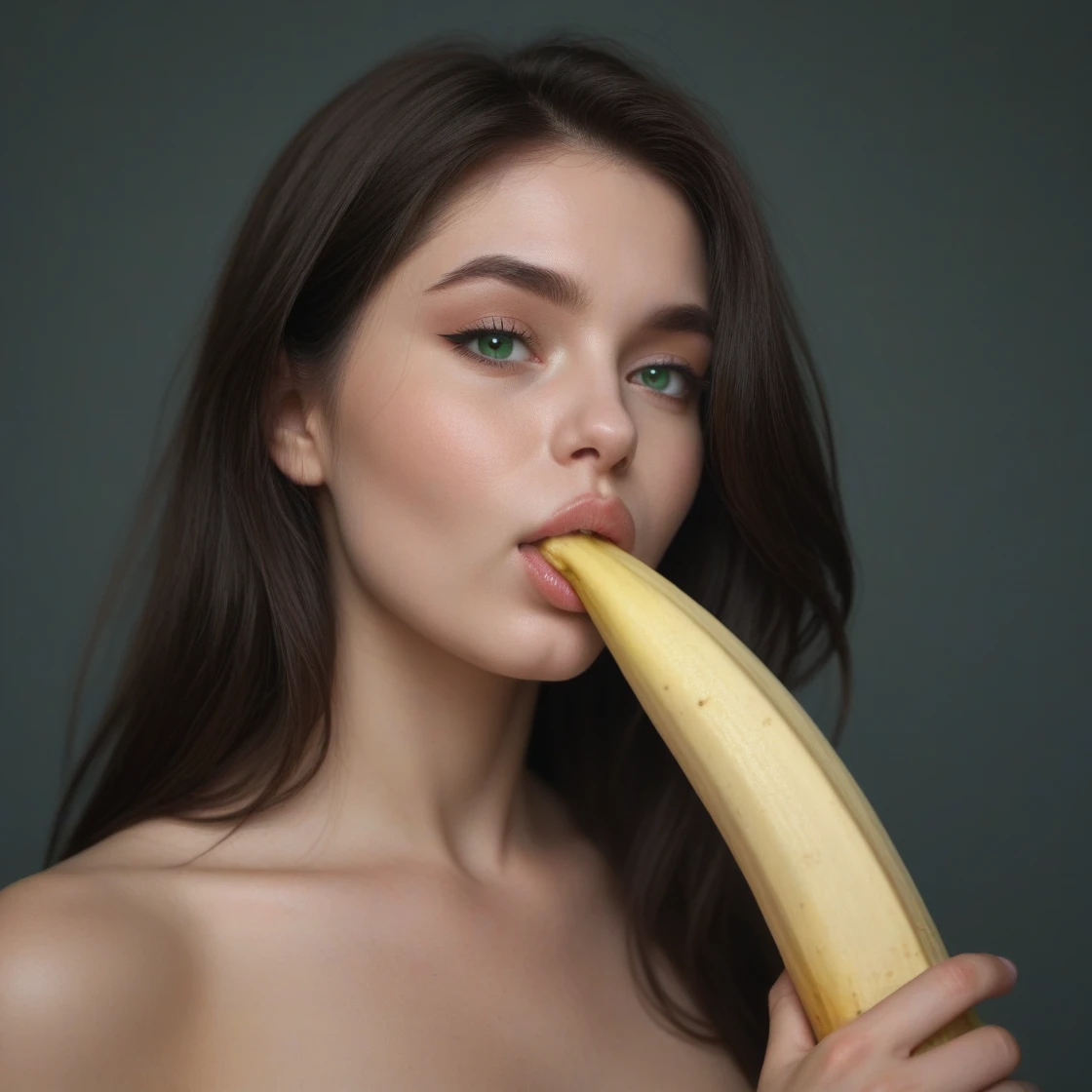 A tall 18-year-old girl, big chest, beautiful beauty, beautiful, cute, affectionate, long blond and curly hair, natural blue eyes, nude Sucking a banana in de beache