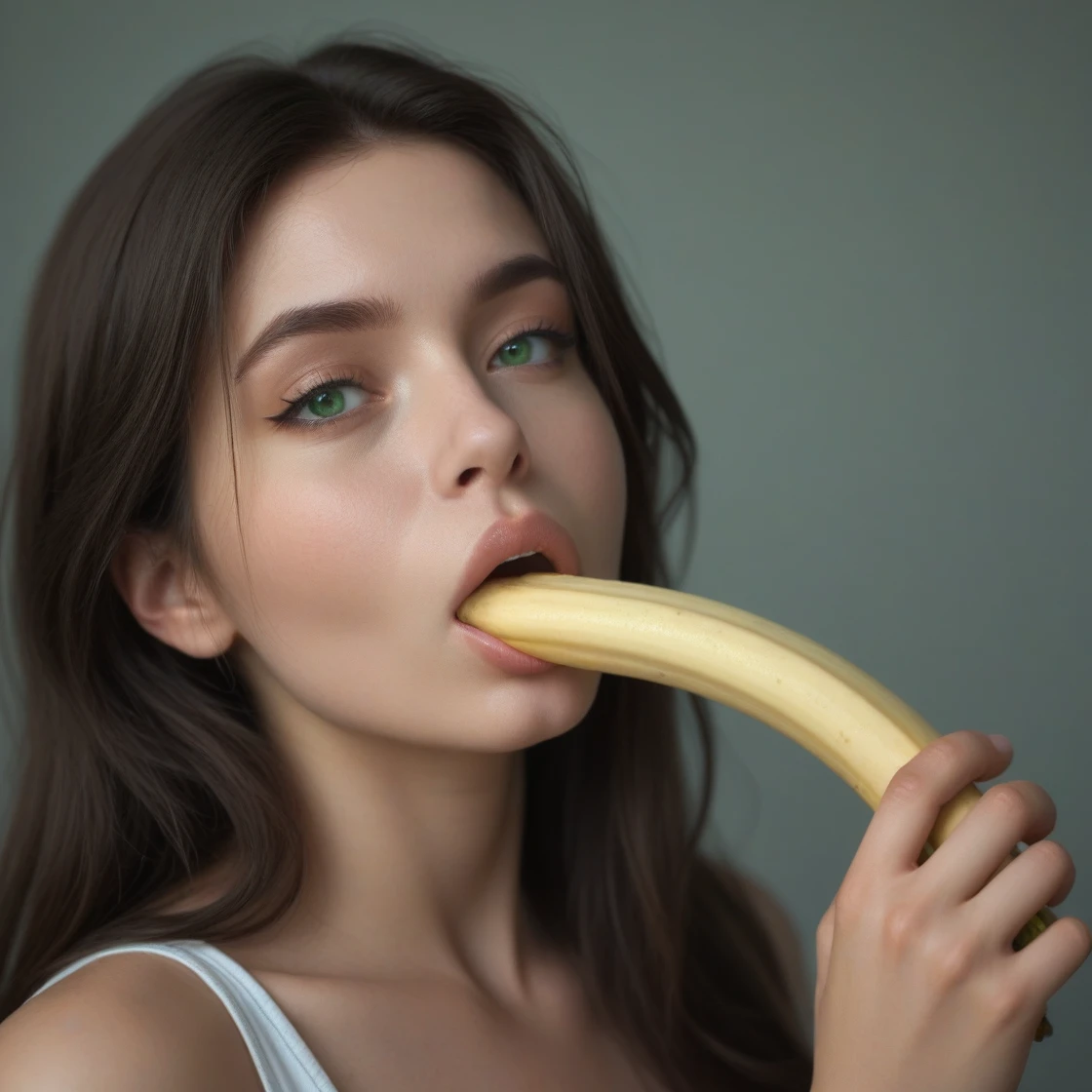 BustyEmaxl, long hair, dark light brown; light skin; green eyes; thin nose; full lips; thick, arched eyebrows; pointed chin. She is 1.75 m tall and weighs 58 kg. She has a generous 36DD chest. She is eating a banana, the skin of the banana is removed, she holds it with both hands near her mouth. Her mischievous look fixes the camera.