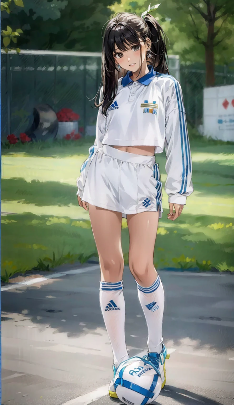 absurdres, RAW photo, extremely delicate and beautiful, masterpiece, Best Quality, ultra high resolution, 32k, hyperrealistic, ultra-detailed, perfect ???????, anatomically correct, perfect figure, Perfect Style, Perfect balance, super Detailed skin, in her 30s, very Slim body, narrow waist, very small head, very small face, delicate facial features, handsome detailed woman, very detailed eyes and face, realistic face proportions, Realistic beautiful face, Realistic beautiful eyes, tearful mole, earring, very huge round tits, (full body shot:1.2), (full legs:1.2), medium hair, outdoor, (soccer Jersey:1.2), shorts,