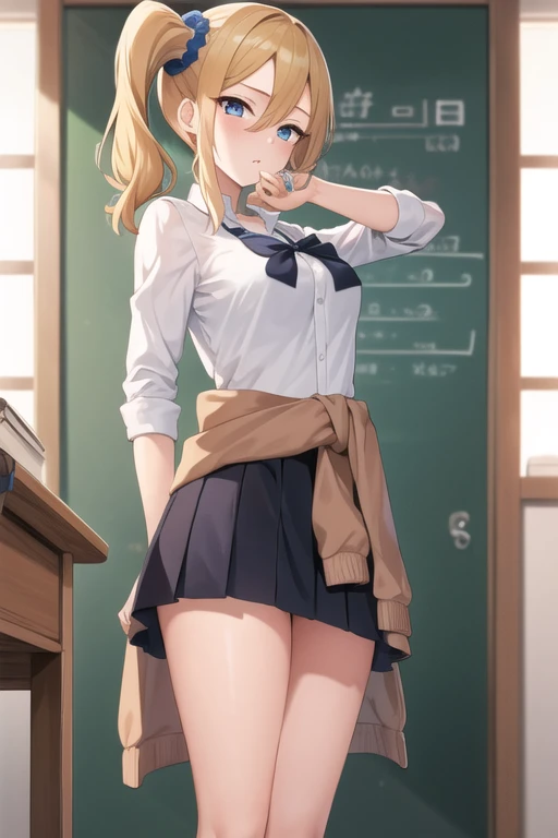 masterpiece, best quality, AiHayasakaV4, 1girl, solo, breasts, looking at viewer, blush, blue eyes, blonde hair, classroom background, shirt, hair ornament, white background, hair between eyes, school uniform, white shirt, nail polish, side ponytail, v, scrunchie, hair scrunchie, blue nails, clothes around waist, blue scrunchie, shuuchiin academy school uniform, full body:1.5,standing:1.5, show panties, view from below,