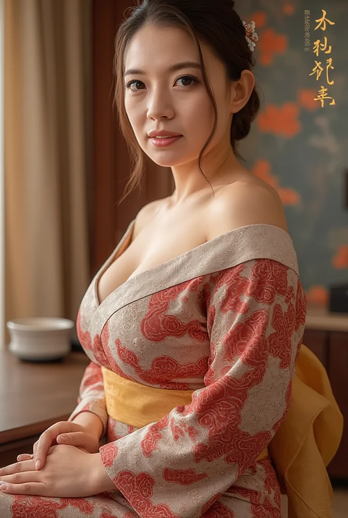 Japanese AVMagazine cover,Japanese women(Wearing an off-shoulder kimono),Huge Breasts，UHD, masterpiece, high details, high quality, best quality, highres