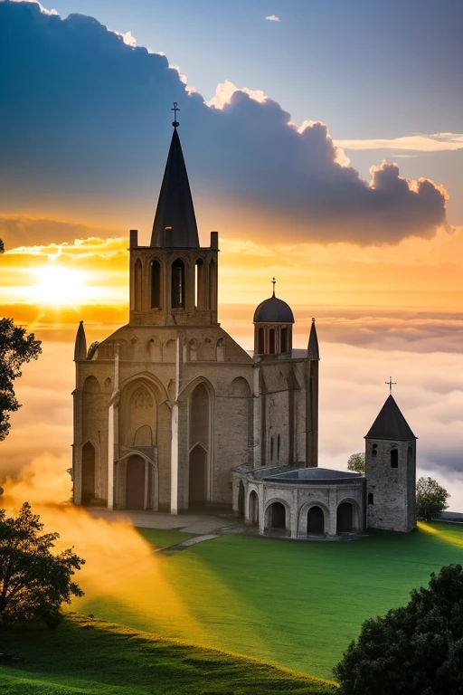 Ruins of St. Michael the Archangel during a foggy afternoon, while the fog is arranged in such a way as to completely cover the sky around the location, except for a point just above the cathedral, where the image should focus the photograph, from a slightly lower angle to appear from below, at the point between the clouds there must be an opening large enough for the sun to enter, releasing beams of light this late afternoon, coloring the environment with its orange rays of light. It&#39;s for a youtube channel logo, I look for a simple design but maintaining details that convey beauty and comfort to the public..