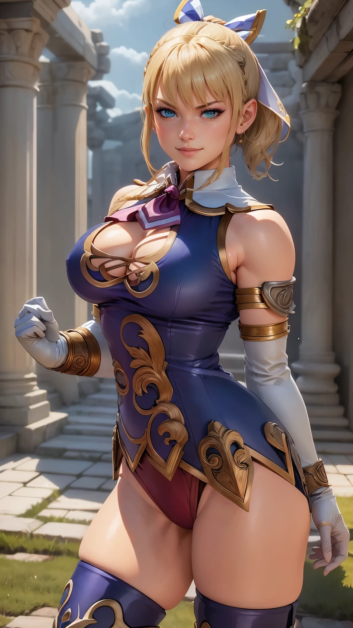 Cassandra Alexandra da Soul Calibur,(best qualityer,4K,8k,high resolution,work of art:1.2)(weather: cloudy), Mount Olympus background, greek temple, wide hips, thick thighs, short curly ponytail hair, blonde hair, sleeveless raincoat, micro shorts, thigh high boots, light makeup, necktie, hair ribbon, elbow gloves, heroic stance, ultra detailed,portrait,realistic,beautiful detailed green eyes, beautiful detailed lips,extremely detailed eye and face, long eyelashes,average, large breasts,flying hair,beaming smile, sexy smile,powerful girl in combat, bright coloured, dramatic lighting,