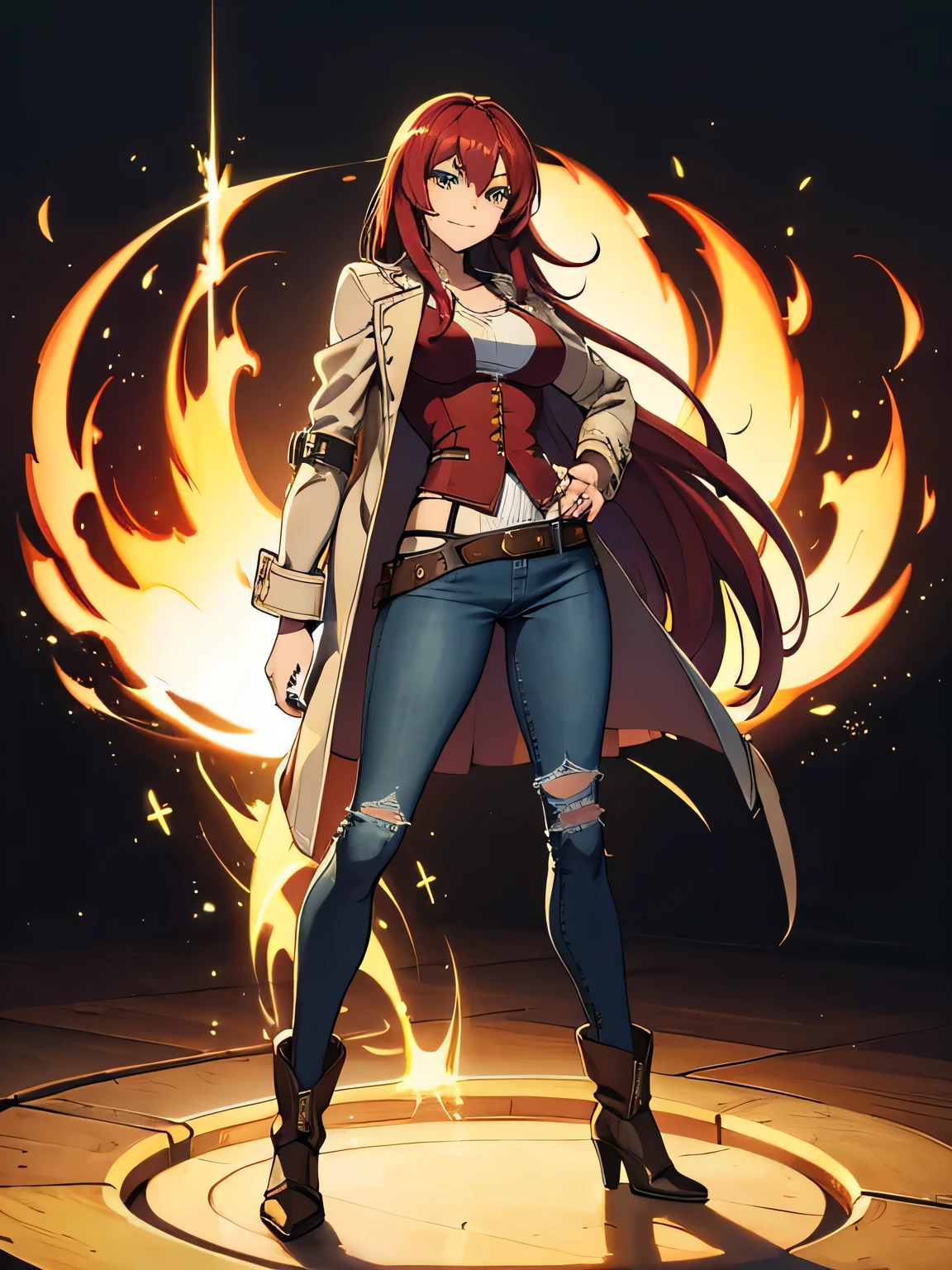 (masterpiece), anime drawing, best quality, expressive eyes, green eyes, hispanic face, solo drawing, white trenchcoat, loose clothing, steampunk background, (standing), (smirk), (full body view), dark skin, tanned skin, fiery red colored hair, long hair, hourglass figure, athletic body, toned body, modest breasts, black vest, long sleeve, loose fit, long jeans, loose jeans baggy jeans, light jeans,) cowgirl outfit, dark boots, black boots)